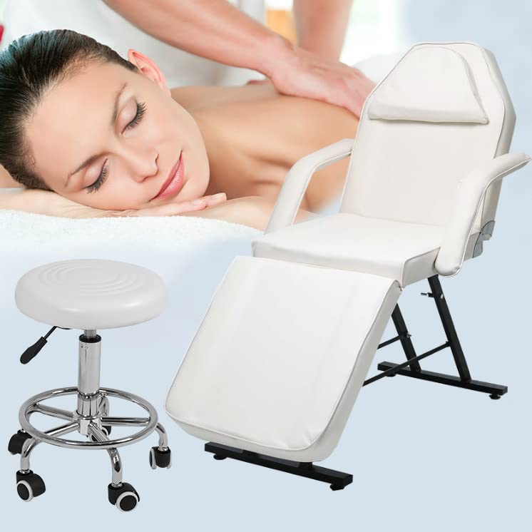 Professional 3-Section Adjustable Massage Table with Salon Stool - White Leather Spa Bed for Massage, Tattoo, Facial & Beauty Treatments - Perfect for Salons, Spas & Home Use
