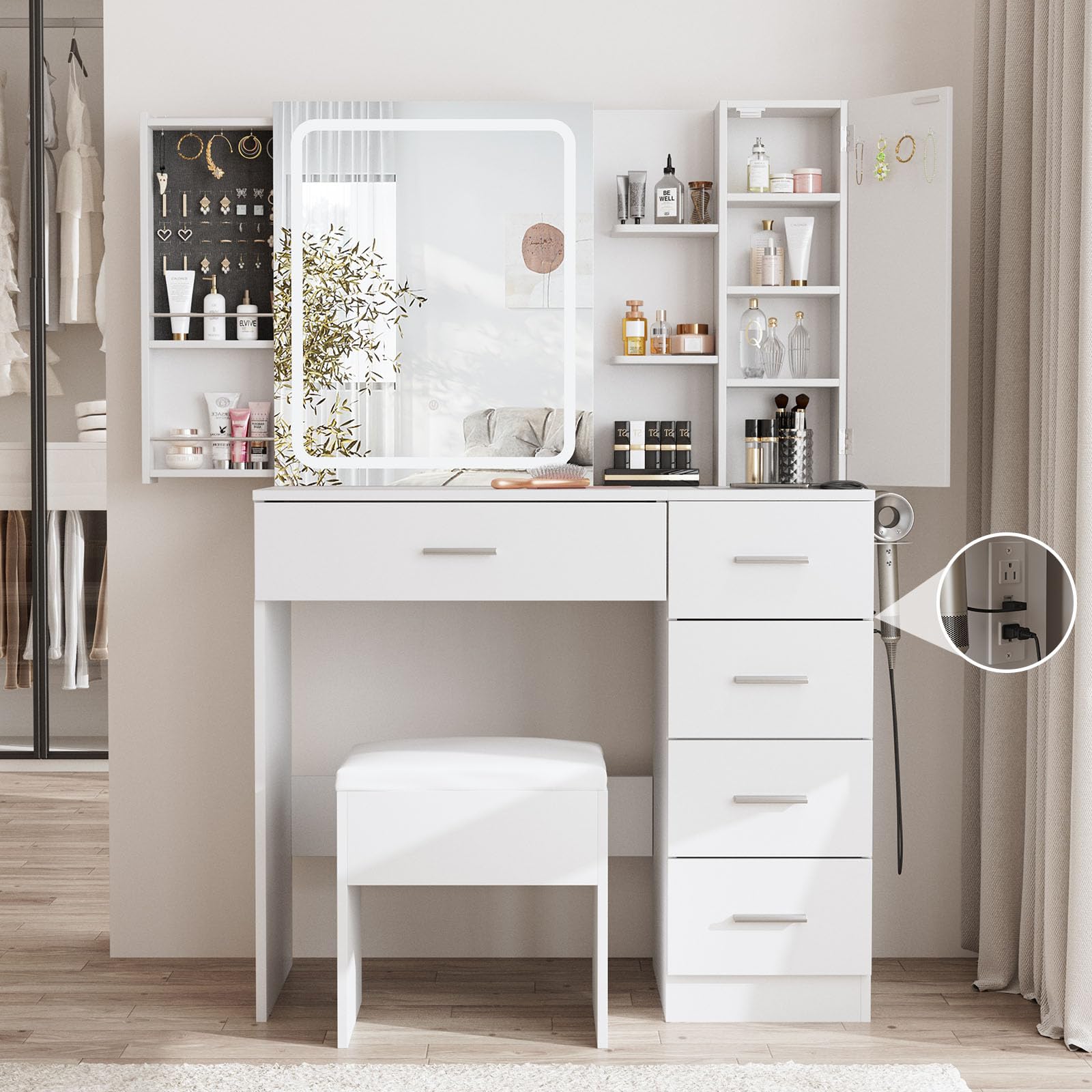 Fameill White Vanity Desk with Mirror and LED Lights - Makeup Dressing Table Set with Power Strip, Sliding Locker & 5 Drawers - 3 Lighting Modes for Bedroom, Dorm or Beauty Salon - Perfect for Makeup Application, Skincare Routine & Jewelry Organization