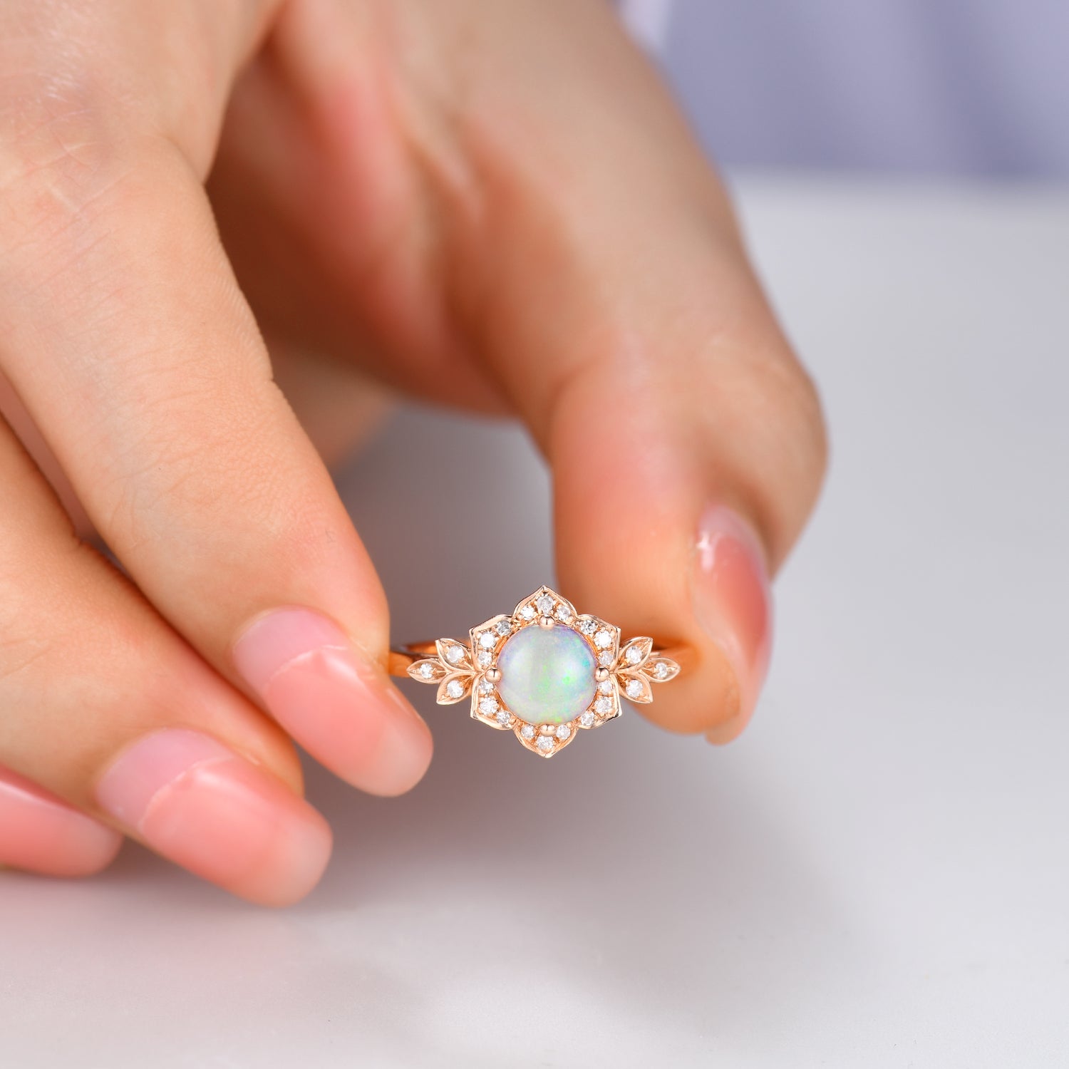 Round White Opal and Moissanite Diamond Engagement Ring - Halo Floral Design for Wedding, Proposal & Anniversary Gifts