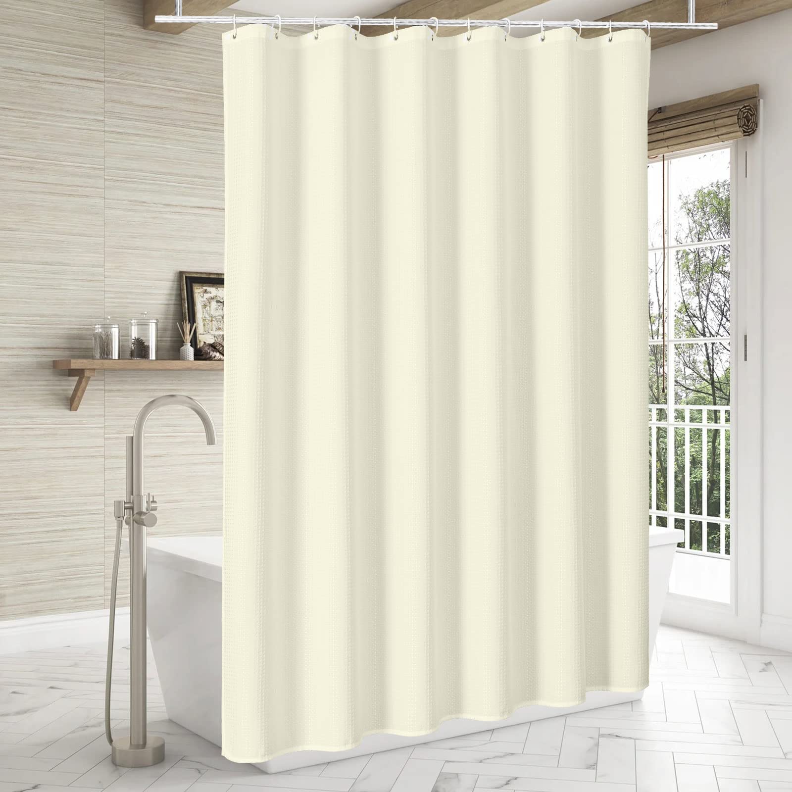 Extra Long Shower Curtain 72x84 Inches - Beige Waffle Weave Fabric Bathroom Curtain with Weighted Hem for Farmhouse Decor | Waterproof Luxury Shower Liner for Bathtub, Master Bath & Guest Bathroom