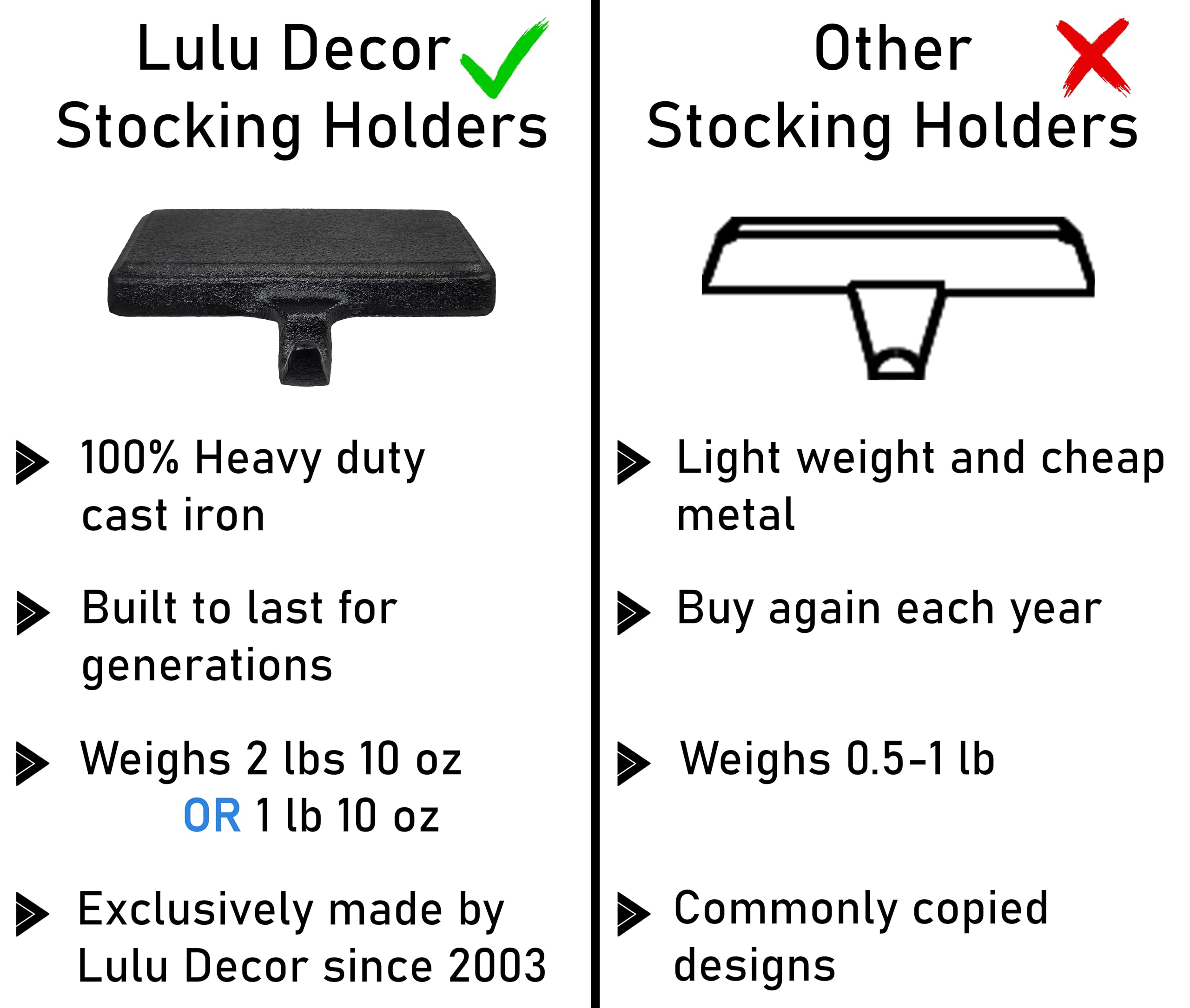 Heavy Cast Iron Stocking Hooks - Set of 6 for Christmas Mantel Decor