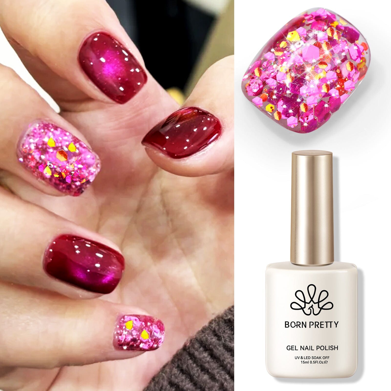 Pink Colorful Sequins Glitter Gel Polish SG10 Celebration 15ml - Long Lasting Nail Art Gel for Parties, Weddings & Special Occasions