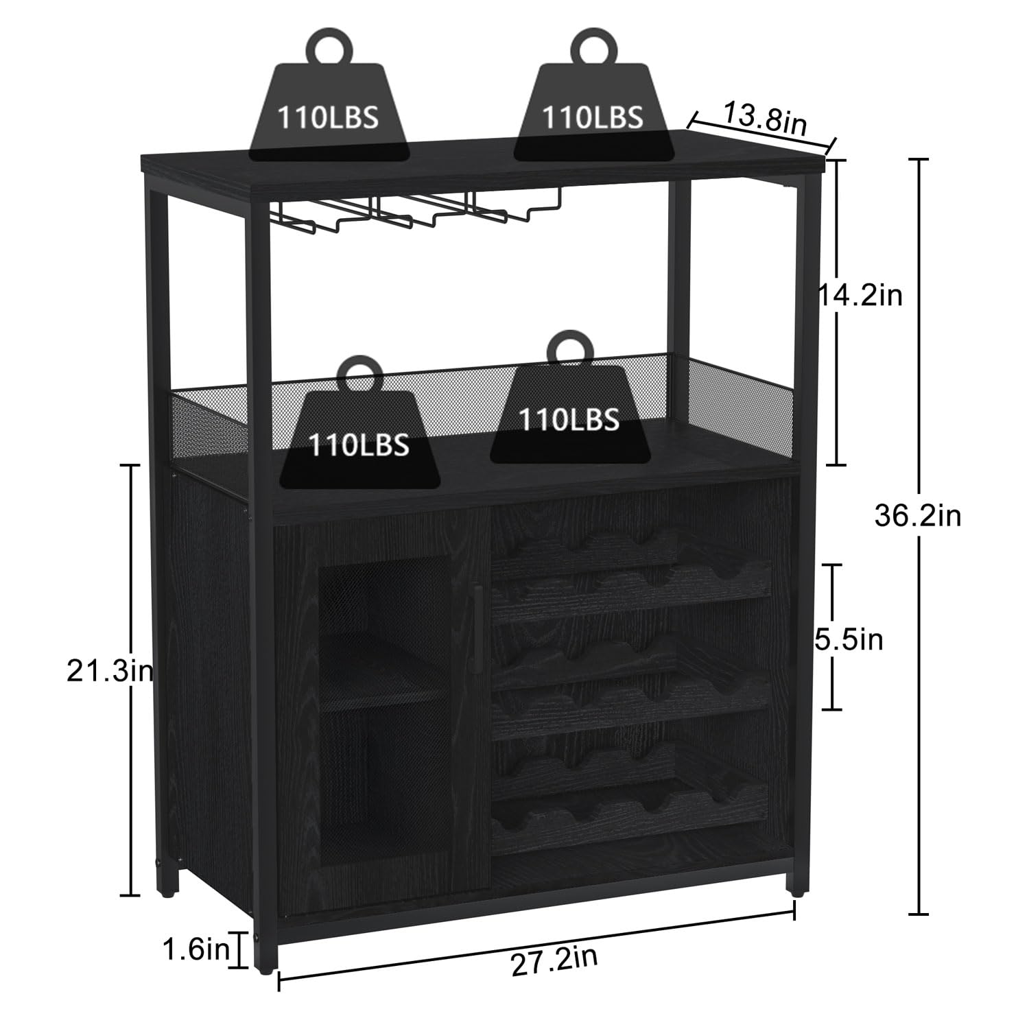 GAOMON Wine Bar Cabinet with Storage - Farmhouse Coffee Bar Cabinet with Detachable Rack, Drawer & Glass Holder - Rustic Buffet Sideboard with Mesh Door (Black) - Perfect for Dining Room, Kitchen or Home Bar Organization