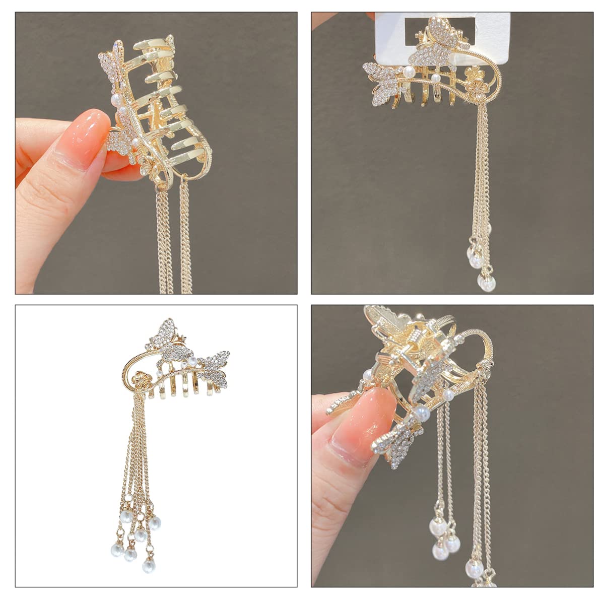 Pearl Tassel Hair Clips 2Pcs - Rhinestone Butterfly Hair Clamps for Women & Girls - Party & Wedding Accessories