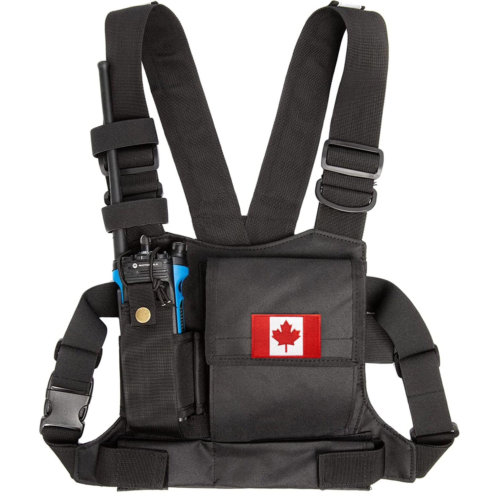 Reflective Radio Chest Harness Shoulder Holster with Front Pack Pouch - Compatible with Motorola, Midland, Kenwood, Baofeng, Retevis Two-Way Radios - Ideal for Security, Construction, Hiking & Outdoor Activities