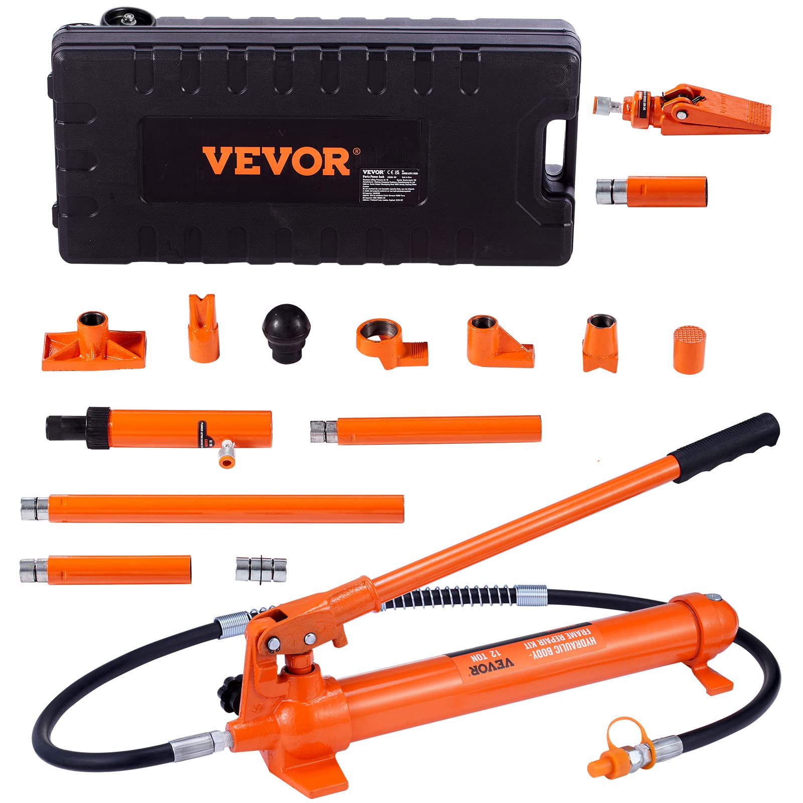 VEVOR 12 Ton Hydraulic Porta Power Kit with Pump, 4.6ft Oil Hose & Storage Case - 26,455 LBS Capacity for Auto Repair, Garage, Farm & Heavy-Duty Mechanics | Professional Car Lift, Tire Change & Equipment Maintenance Tool