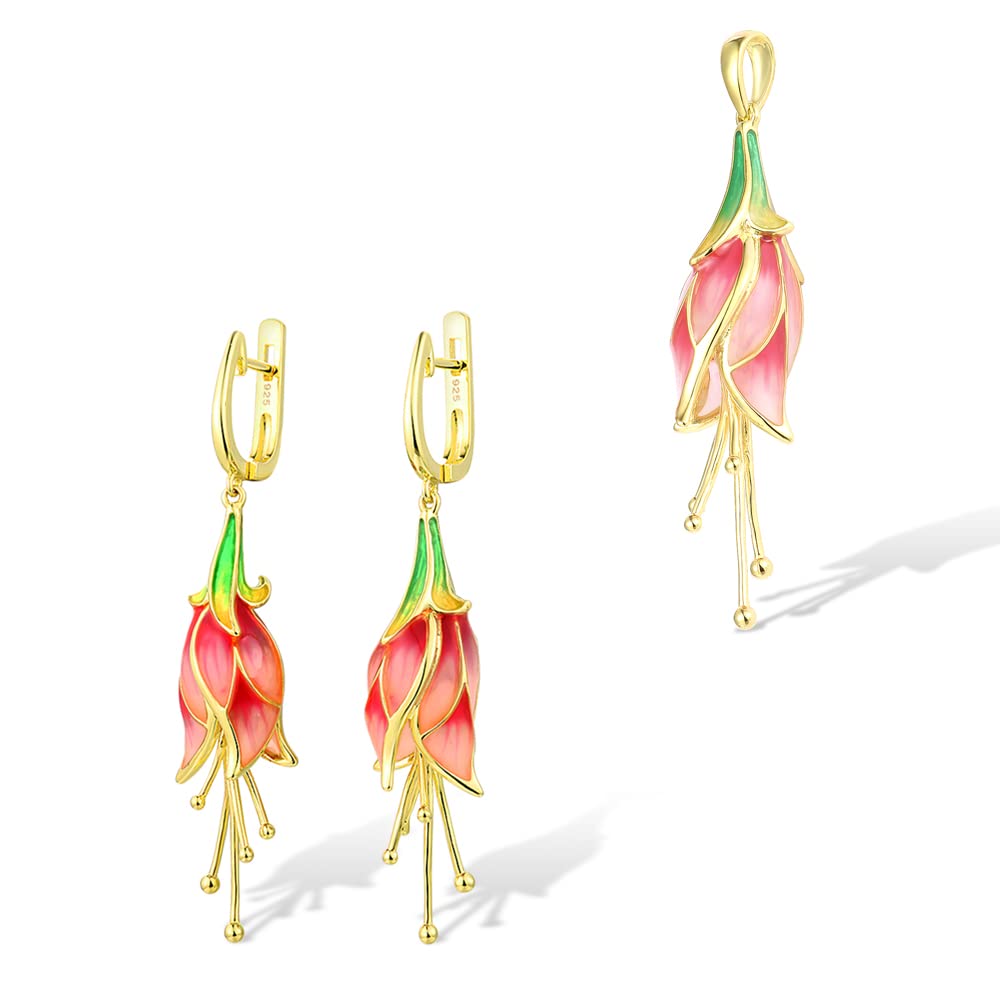 Santuzza Tulip Jewelry Set - 925 Sterling Silver Enamel Red Flower Earrings & Pendant for Women | Elegant Gift for Birthday, Anniversary & Special Occasions