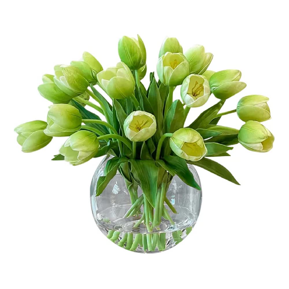 Flovery Real Touch Artificial Tulip Flowers in Vase - Green Silk Table Centerpiece for Dining Room Decor, Wedding, Home & Office Decoration