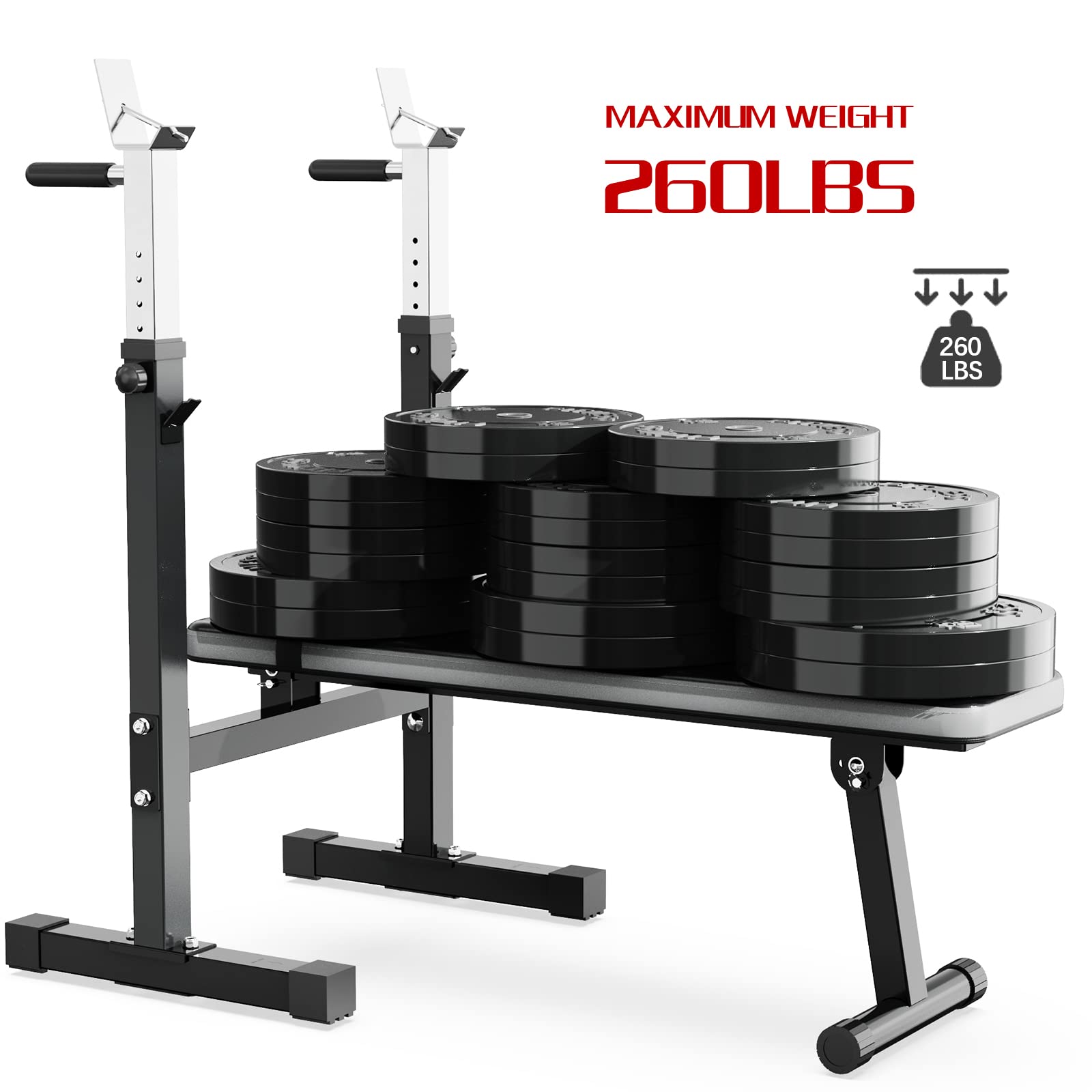 Adjustable Weight Bench Press with Squat Rack - Foldable Multi-Function Home Gym Equipment for Full Body Workout, Strength Training & Dip Station (Grey) - Perfect for Home Gym, Garage Workouts & Small Spaces