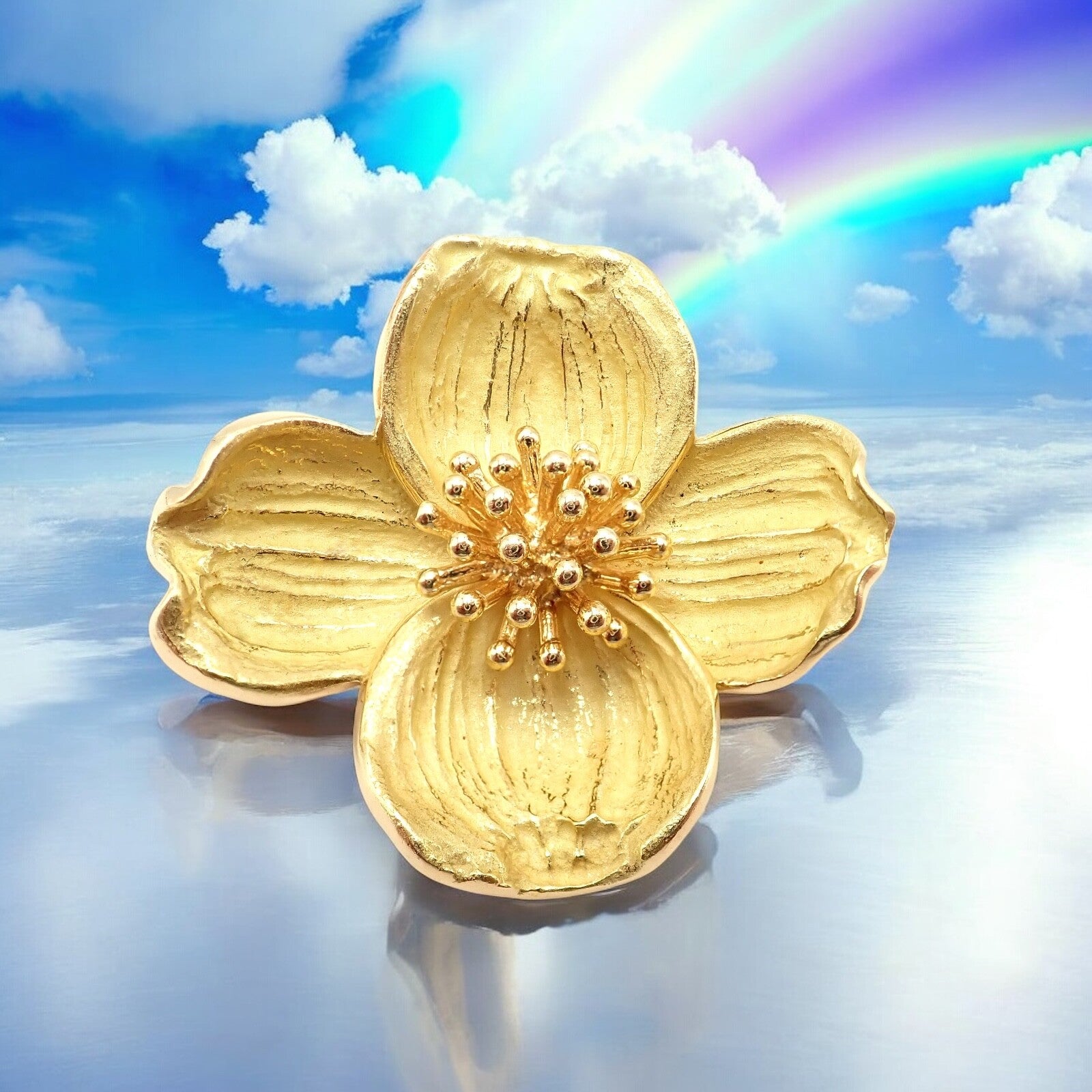 Authentic Tiffany & Co. 18k Yellow Gold Dogwood Flower Pin Brooch - Elegant Jewelry Gift for Women, Perfect for Weddings, Anniversaries & Special Occasions