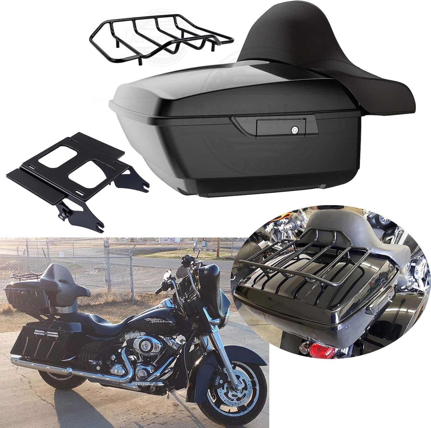 **Moto Onfire Vivid Black King Tour Pack – Largest Motorcycle Tail Box & Luggage Trunk for 2014+ Harley Touring FLH – Black Latch Hinges, Detachable Mounting Bracket & Top Rack – Perfect for Long-Distance Rides & Road Trips**