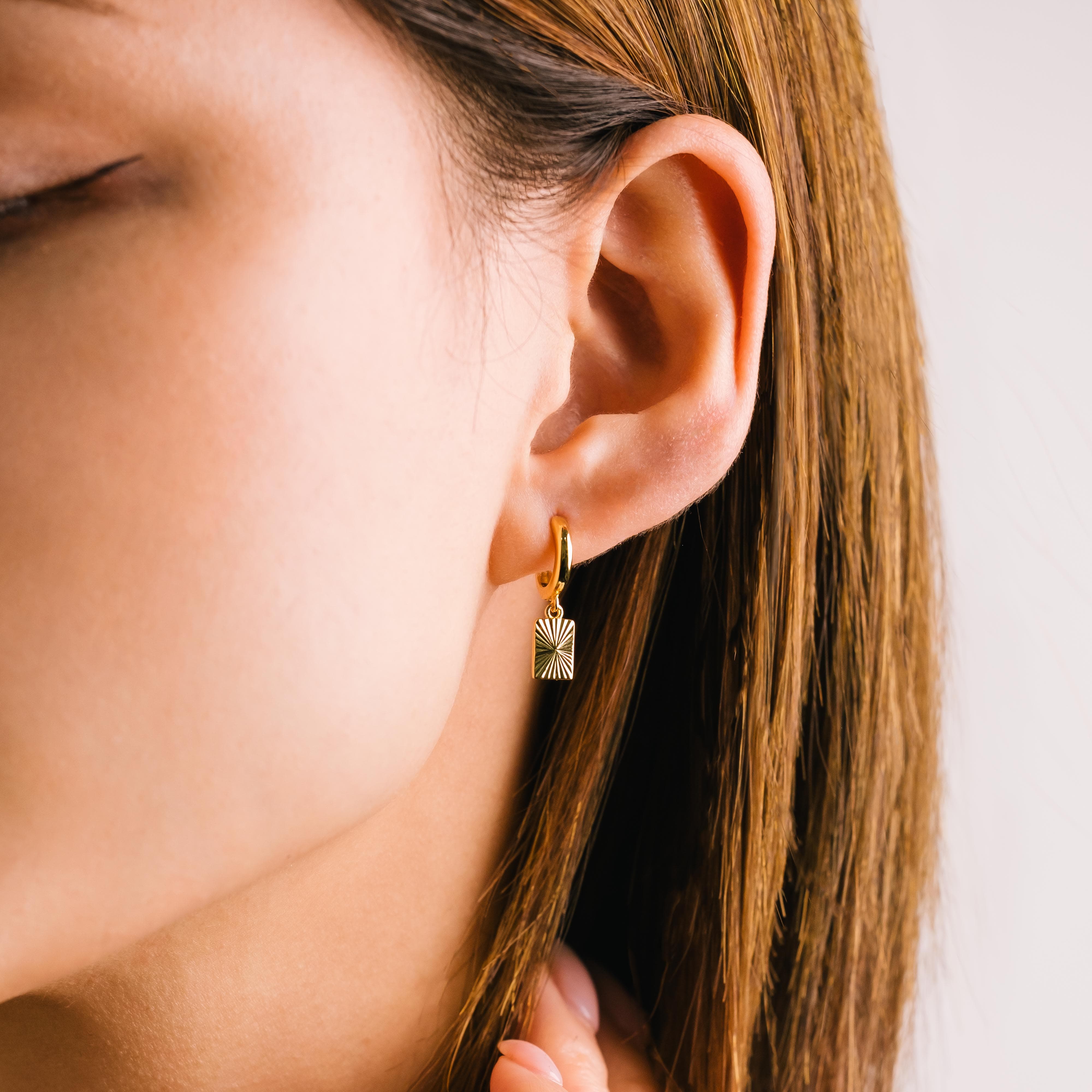 Rectangle Fluted Huggie Drop Hoop Earrings - Gold Plated Minimalist Dangle Earrings for Women - Perfect for Everyday Wear, Date Night & Special Occasions