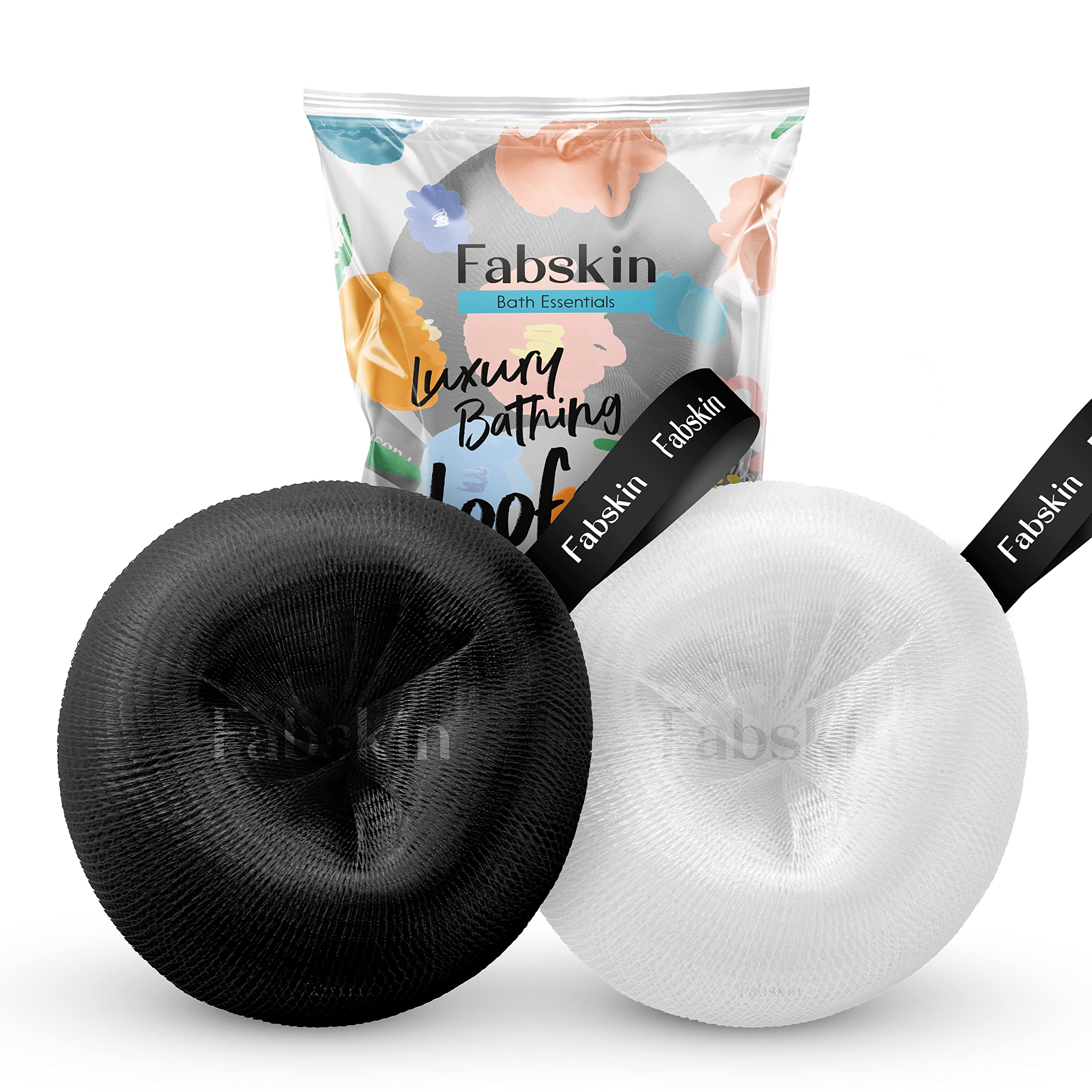 FABSKIN Donut Loofah Sponge for Bath & Shower - Exfoliating Body Scrubber for Women & Men - Pack of 2 (Black & White) - Perfect for Daily Skincare & Gentle Exfoliation