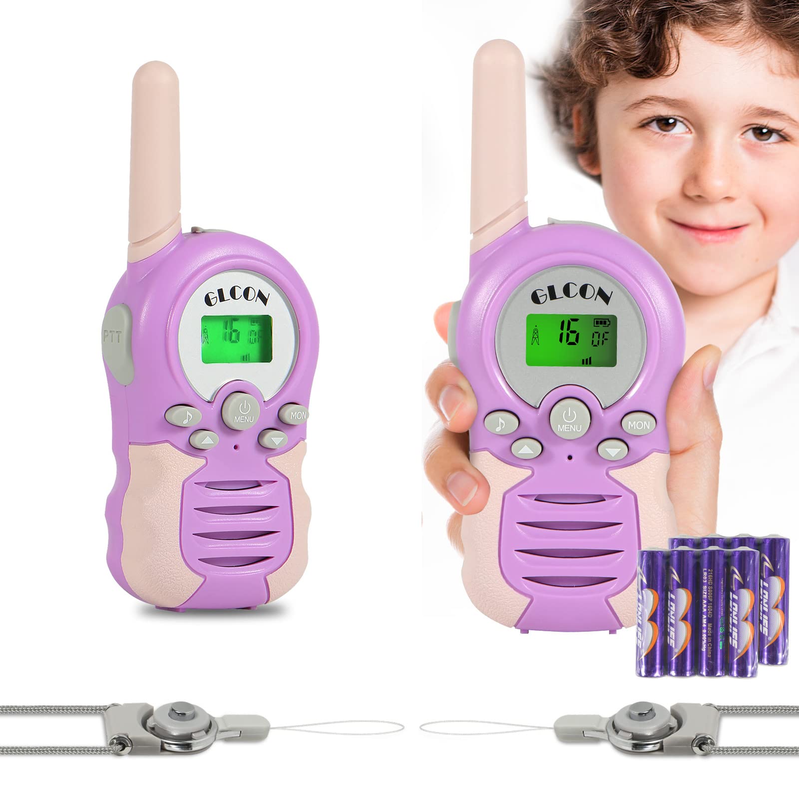 GLCONN 2 Pack Kids Walkie Talkies - Long Range 2 Way Radios with LCD Display for Boys & Girls Ages 3-12 (Purple) - Perfect for Outdoor Adventures, Camping, and Backyard Play