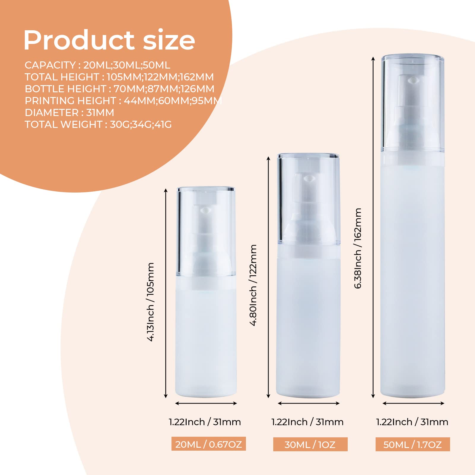 LONGWAY 1.7oz (50ml) Refillable Airless Pump Bottles - 6 Pack Frosted Translucent Travel Cosmetic Containers for Cream, Foundation, Shampoo | Perfect for Toiletry Kits, Gym Bags & Travel Essentials