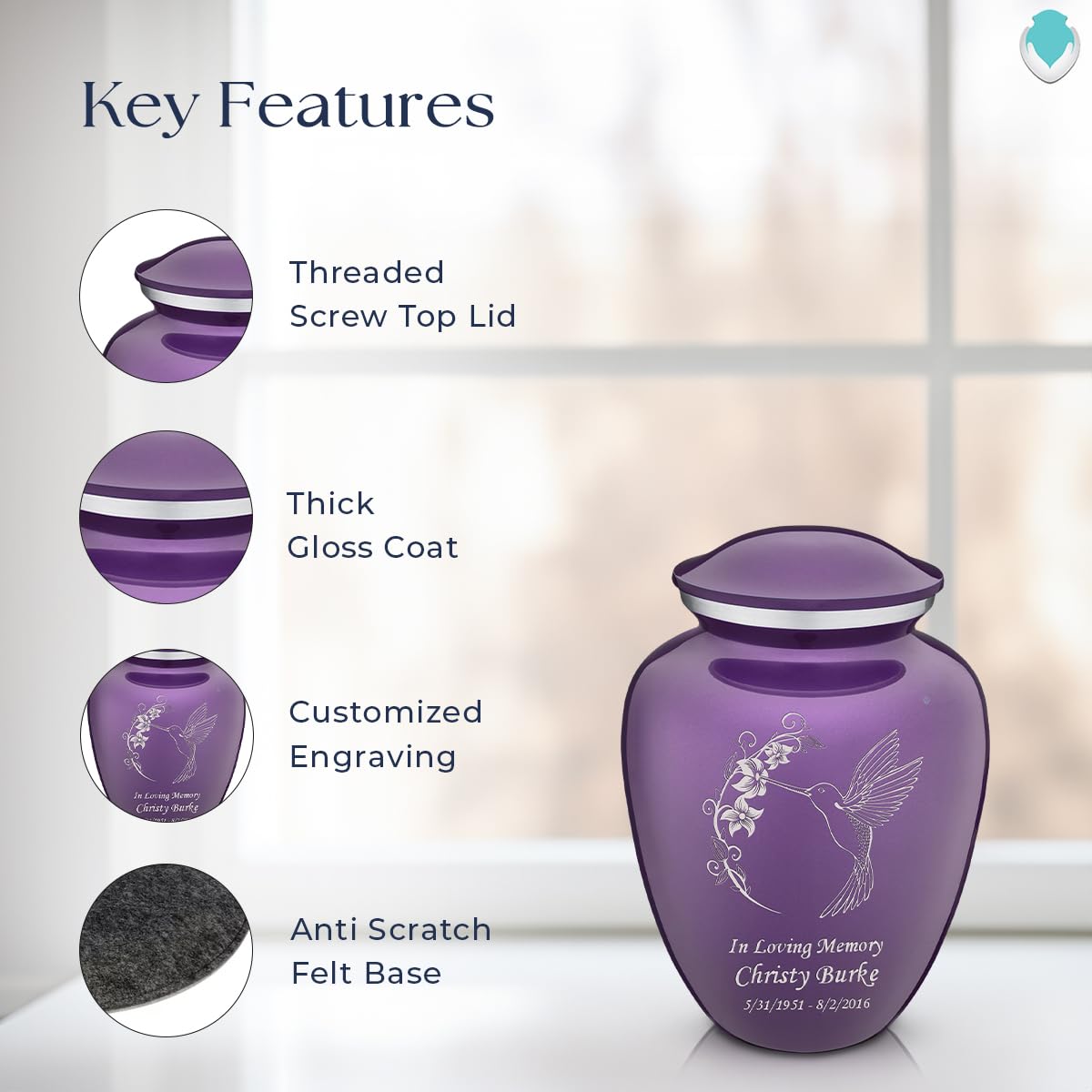 Personalized Humming Bird Cremation Urn for Human Ashes - Purple Funeral Urn for Women & Men (Holds 44 lbs) - Perfect for Memorial Services & Home Display