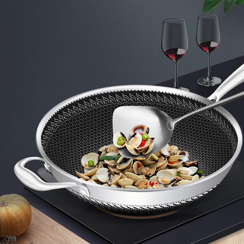 Double Sided Non-Stick Honeycomb Wok - Stainless Steel Frying Pan with Glass Lid - Compatible with Gas & Induction Stoves - Perfect for Stir-Fry, Deep Frying & Asian Cooking