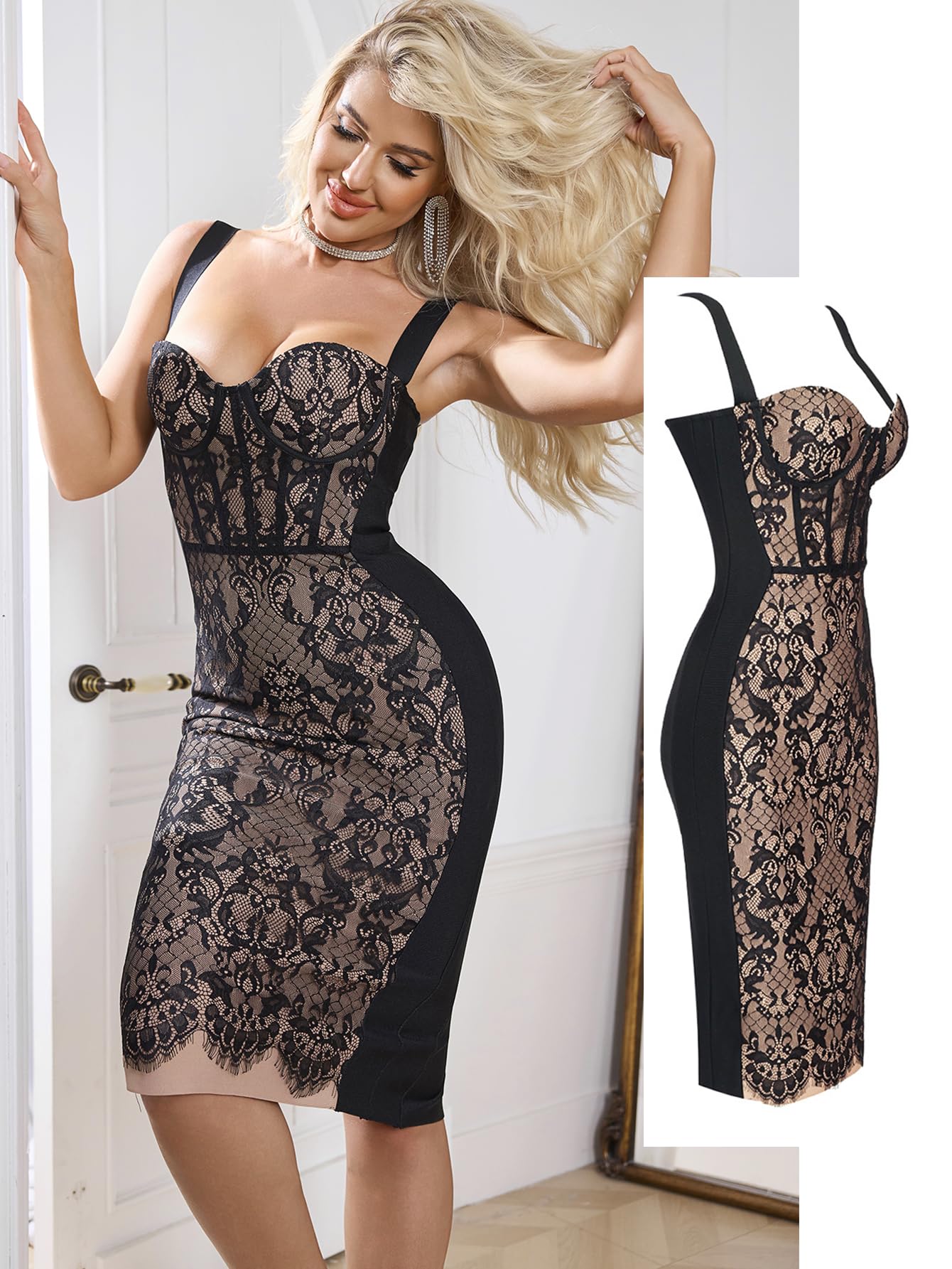Elegant Lace Fishbone Midi Dress for Women - Back Slit Cocktail Party & Wedding Guest Dress - Perfect for Evening Events, Date Nights & Special Occasions