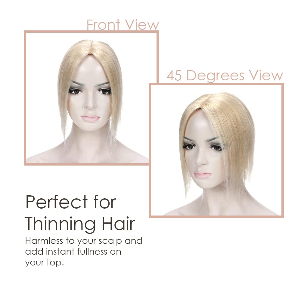 MY-LADY Human Hair Toppers for Women - 150% Density Remy Hair Topper with Silk Base (7x13cm) - No Bangs Clip-in Hairpiece for Thinning Hair - 12 Inch Straight Platinum Blonde #60 - Perfect for Daily Wear, Special Occasions & Hair Loss Solutions