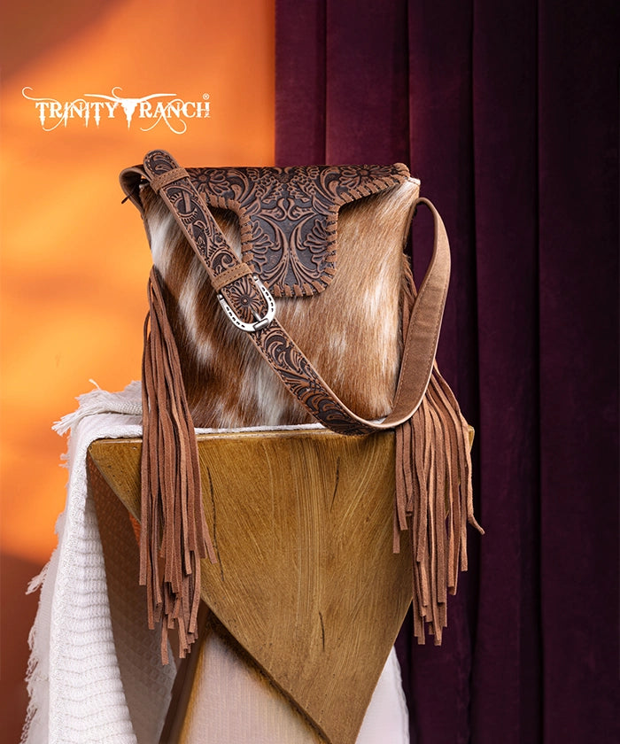 Trinity Ranch Genuine Hair-On Cowhide Tooled Western Shoulder Bag - Perfect for Rodeo, Country Music Festivals & Cowgirl Fashion
