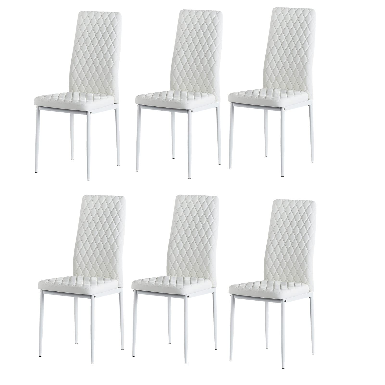 6 Modern Metal Dining Chairs Set with PU Leather Cushion - White Upholstered Kitchen & Living Room Chairs for Home, Restaurant, Cafe & Office Use