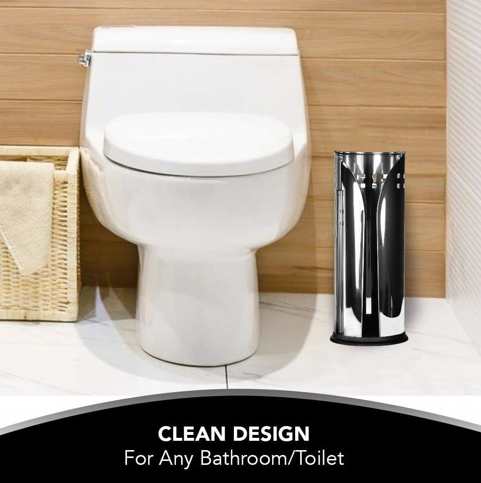 Stainless Steel Free Standing Toilet Paper Holder Stand - Modern Bathroom Tissue Storage Organizer with Non-Slip Base for Home, Office, RV & Guest Bathroom Decor