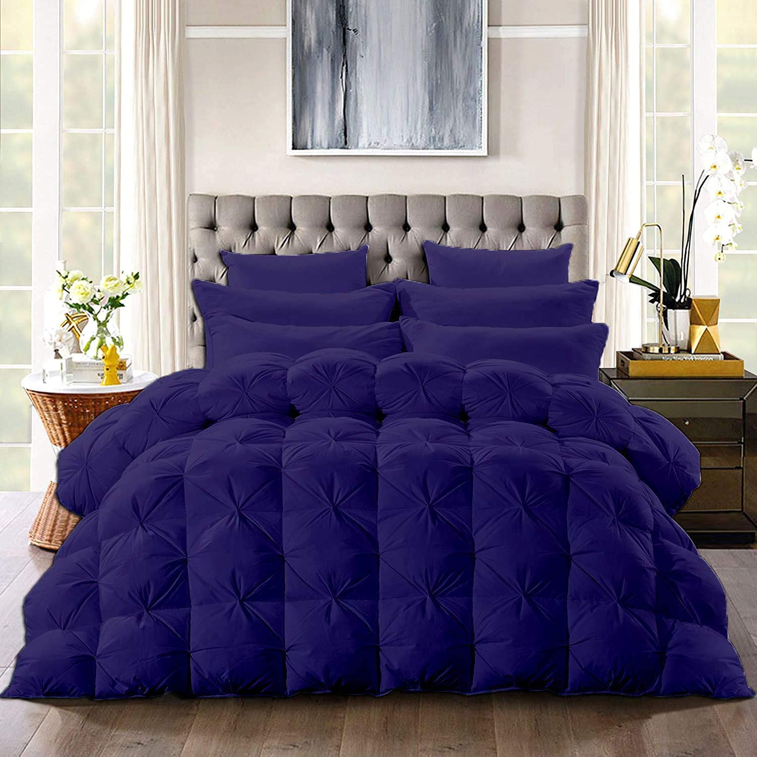 Luxury Blue Queen 5-Piece Comforter Bedding Set - 100% Egyptian Cotton 600 Thread Count Baffle Box Pinch Pleat Design | Includes Comforter, Flat Sheet, Fitted Sheet & 2 Pillowcases | Perfect for Master Bedroom, Guest Room & Hotel Style Decor