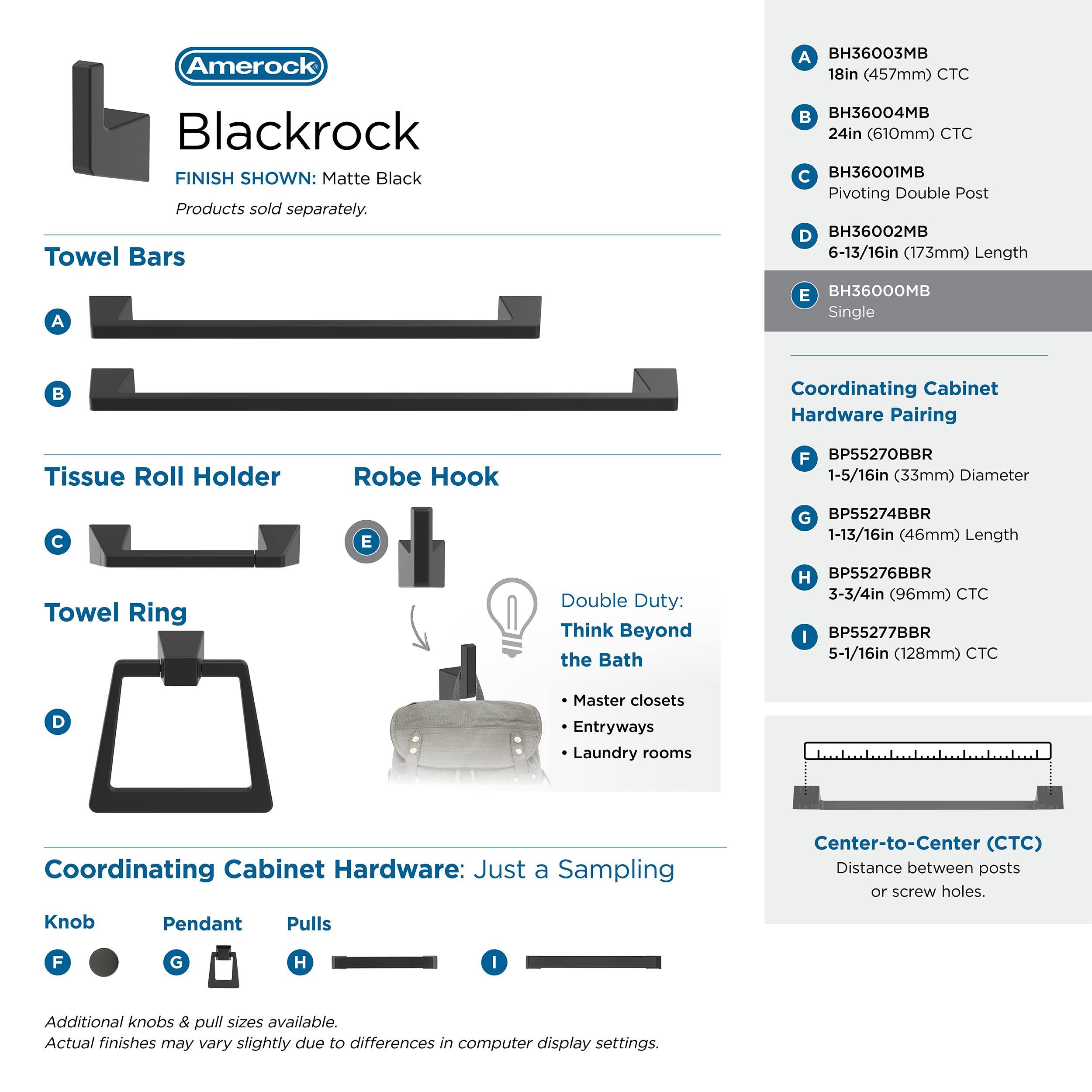 Amerock BH36000MB Matte Black Single Robe Hook - 3-9/16 Inch (90mm) Bathroom Towel Holder - Durable Blackrock Finish - Perfect for Bathrooms, Spas & Bedrooms - Space-Saving Wall Hook for Robes, Towels & Clothes