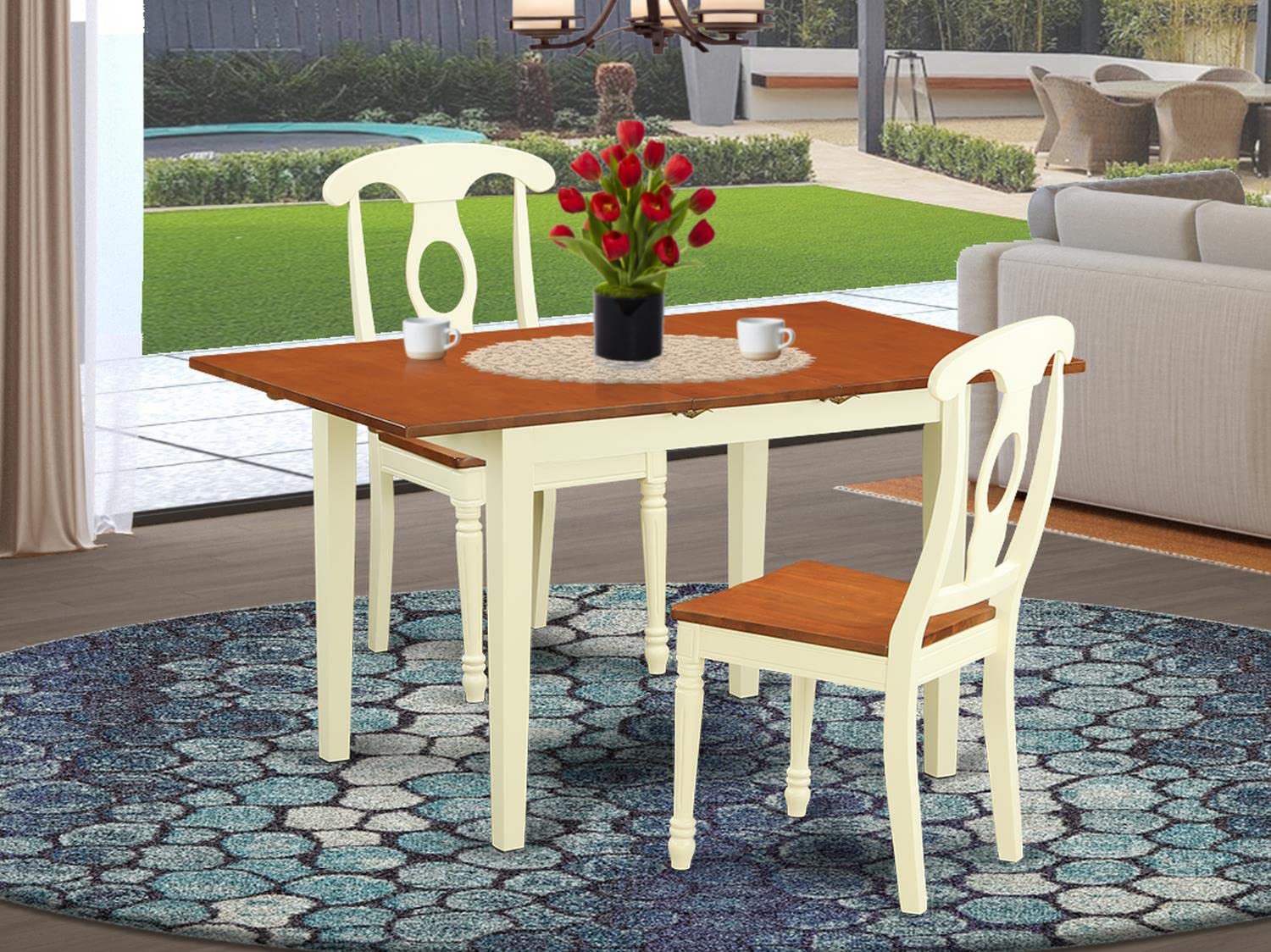 East West Furniture NOKE3-WHI-W 3-Piece Small Space Dining Set with Extendable Butterfly Leaf Table (32x54 Inch) & 2 Wooden Chairs - Buttermilk & Cherry Finish - Perfect for Apartments, Breakfast Nooks & Cozy Dining Areas