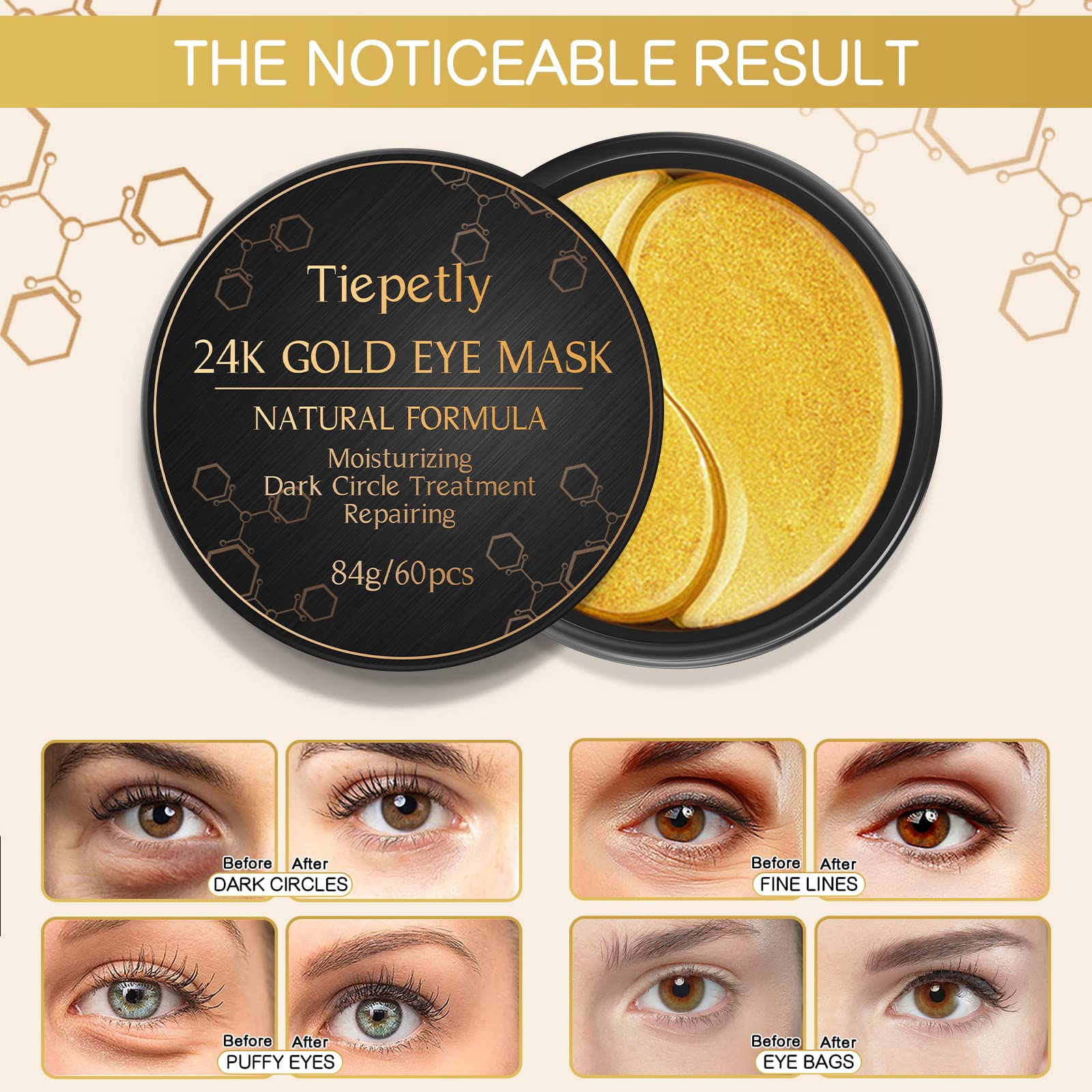 24K Gold Under Eye Patches - Dark Circle & Puffiness Reduction with Collagen - 30 Pairs for Men & Women - Perfect for Overnight Use, Travel & Post-Makeup Care