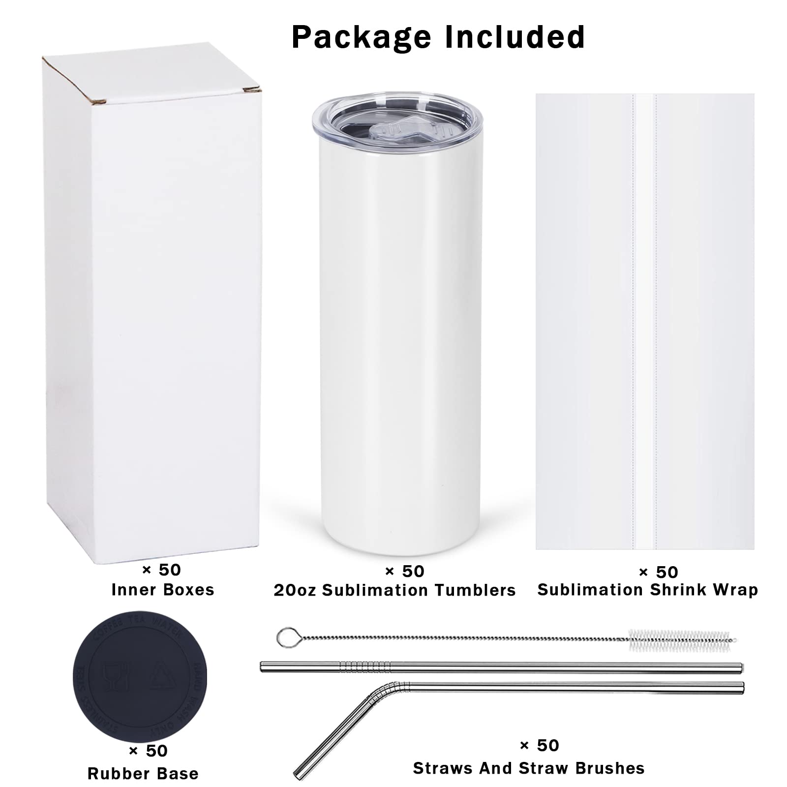 50 Pack 20 oz Skinny Straight Stainless Steel Sublimation Tumblers - White Sublimation Blanks for DIY Crafts, Bulk Tumbler Cups Individually Boxed | Perfect for Custom Gifts, Promotional Events & Personalized Drinkware