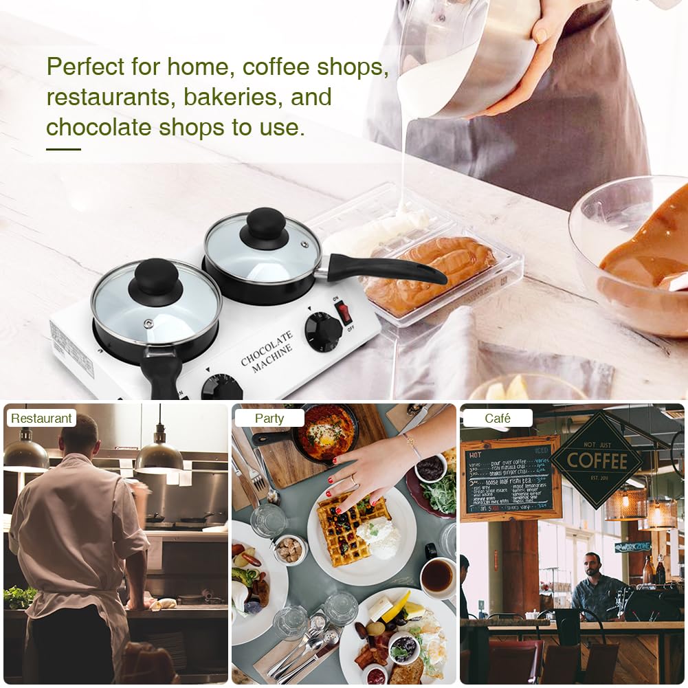 110V Double Pots Chocolate Melting Machine - 80W Electric Tempering Pot for Melting Chocolate, Butter, Candy & Cheese - Perfect for Bakeries, Candy Shops & Home Dessert Making