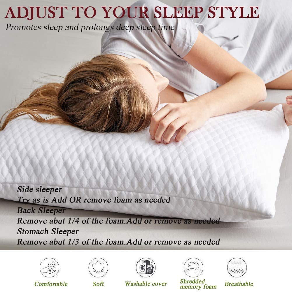 NTCOCO 2-Pack Shredded Memory Foam Pillows for Sleeping - King Size Cooling Hypoallergenic Bed Pillows with Washable Cover for Back, Side & Stomach Sleepers | Perfect for Home, Hotel & Travel Use