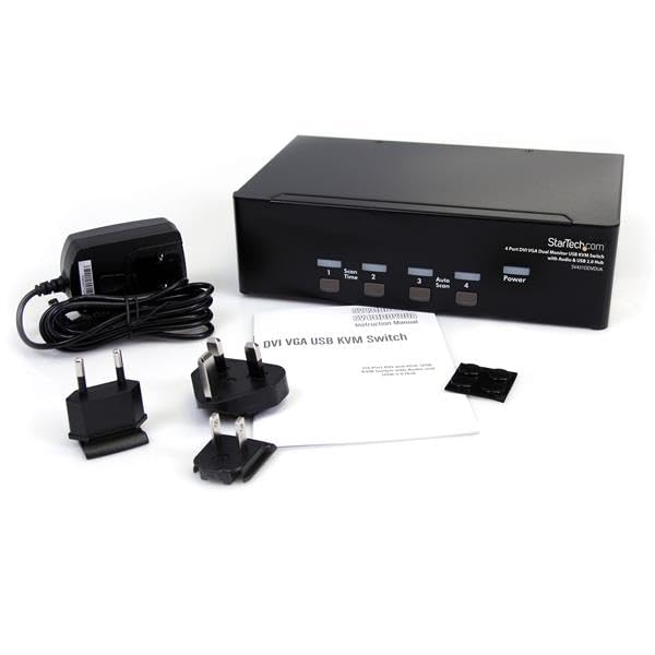 StarTech.com 4-Port DVI VGA KVM Switch with USB 2.0 Hub & Audio Support | Dual Monitor Control | TAA Compliant (SV431DDVDUA) | Ideal for Office Workstations & IT Server Management