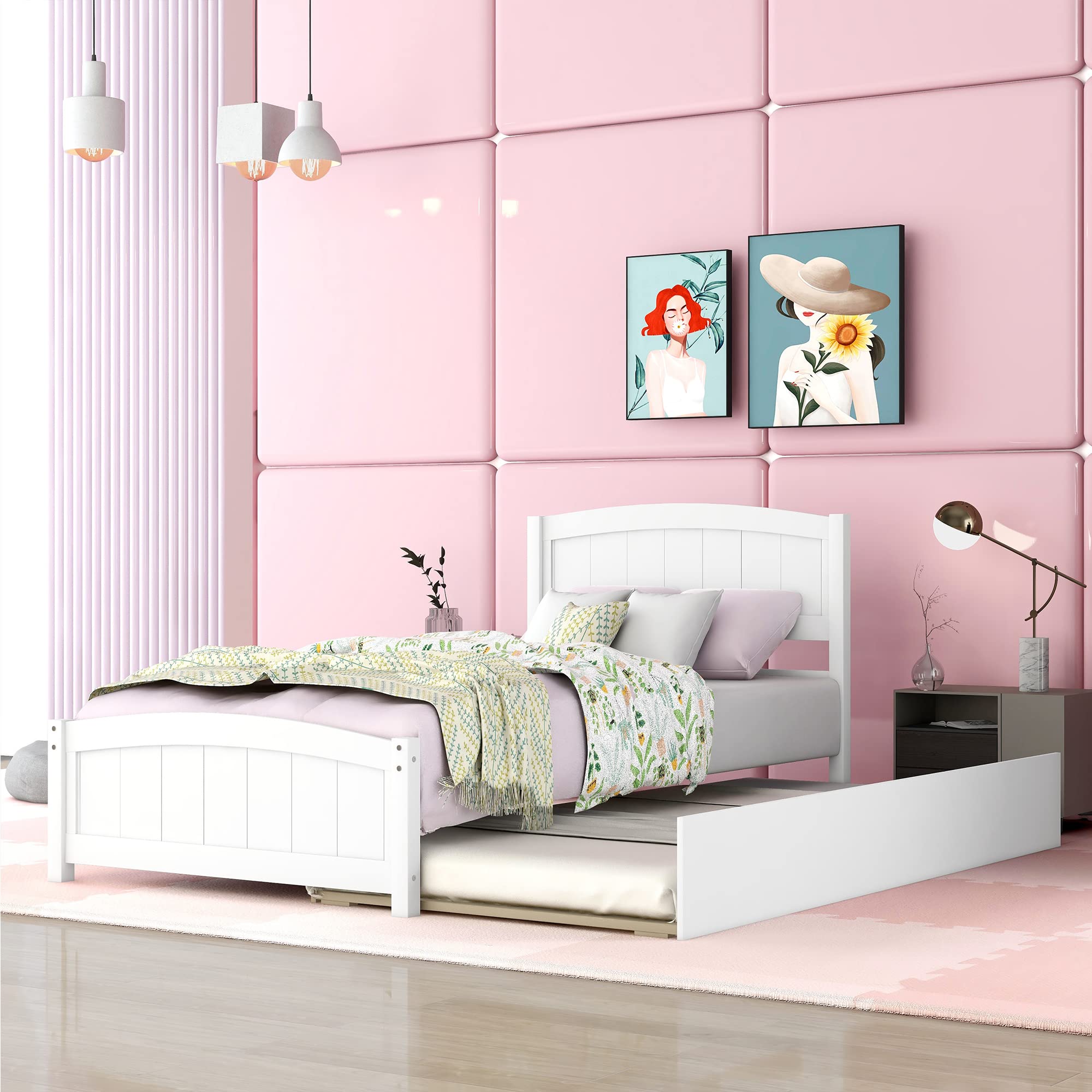 Twin Size Bed with Trundle - Kids Platform Bed Frame with Pull Out Trundle in White | Space Saving Sleep Solution for Small Rooms, Guest Beds & Kids Bedrooms