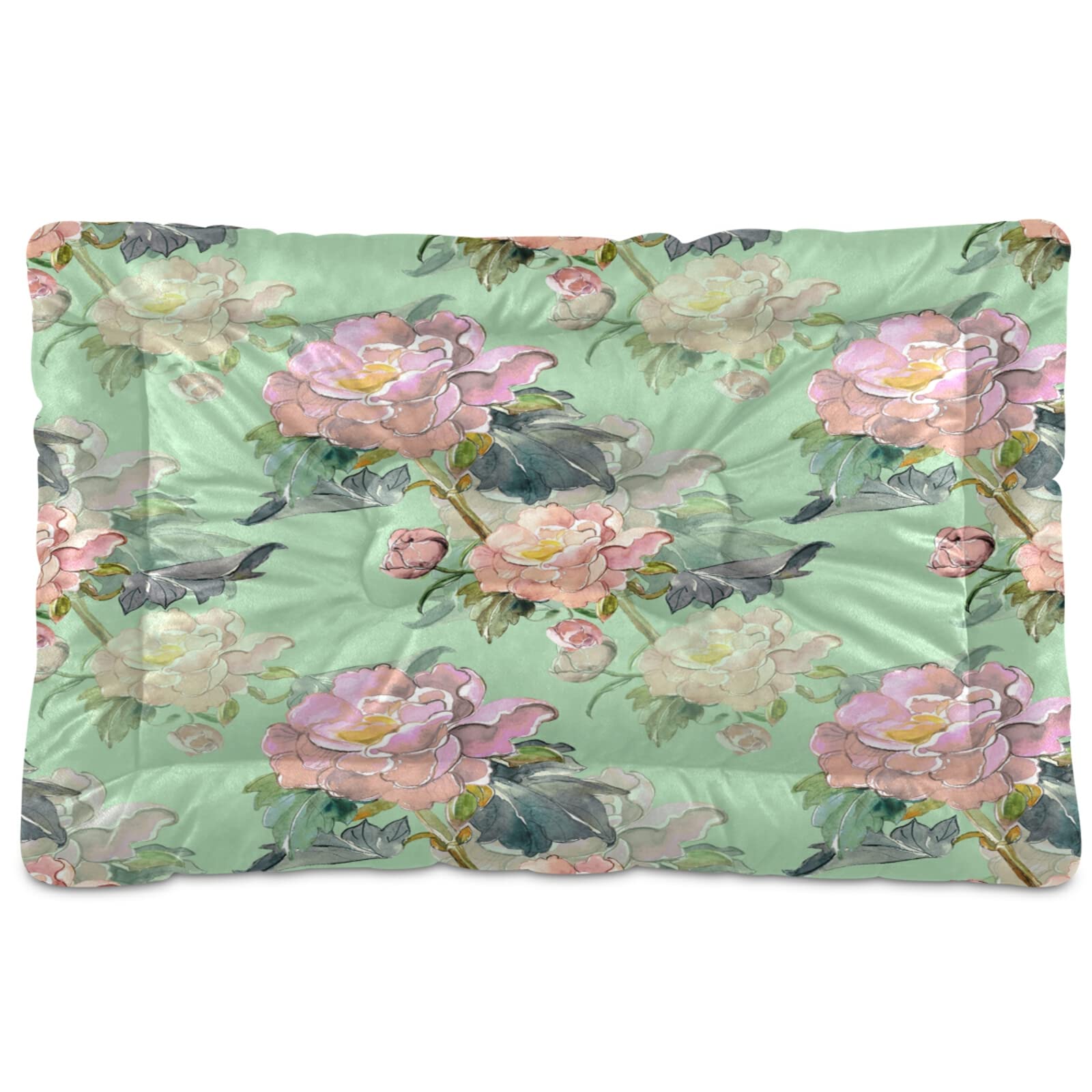 Xigua Green Floral Pet Bed - Ultra Soft Rectangle Dog & Cat Bed for Small to Medium Pets, 24x18 Inch - Cozy Calming Bed for Puppies, Kittens & Adult Pets - Perfect for Living Room, Bedroom or Crate