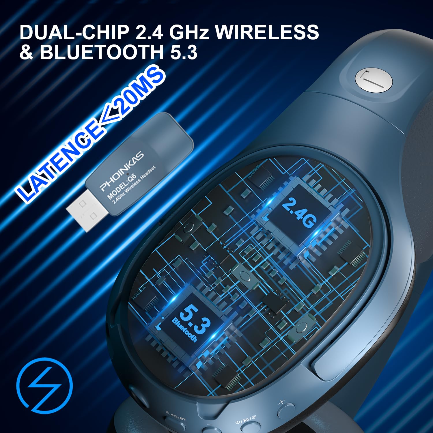PHOINIKAS 2.4GHz Wireless Gaming Headset for PS5, PS4, PC - Bluetooth 5.3 Headphones with Noise Cancelling Mic, 7.1 Surround Sound, 30+ Hour Battery Life - Compatible with Nintendo Switch, Laptop, Mac (Blue) | Perfect for Competitive Gaming, Streaming & Online Meetings