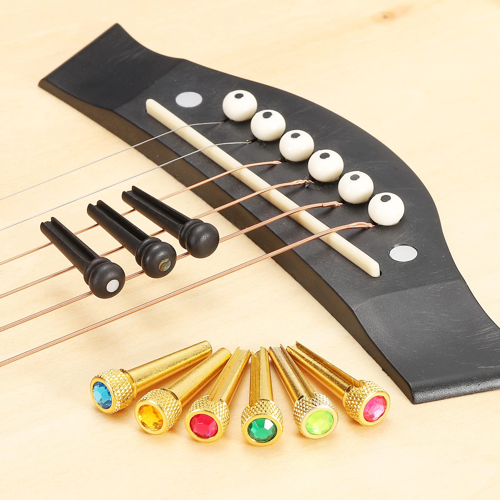 Ebony Acoustic Guitar Bridge Pins & Pegs Set - 6 Pack with Brass Folk Guitar End Pins & White Shell Spots | Durable Replacement Parts for Acoustic Guitars | Perfect for Guitar Maintenance & Upgrades