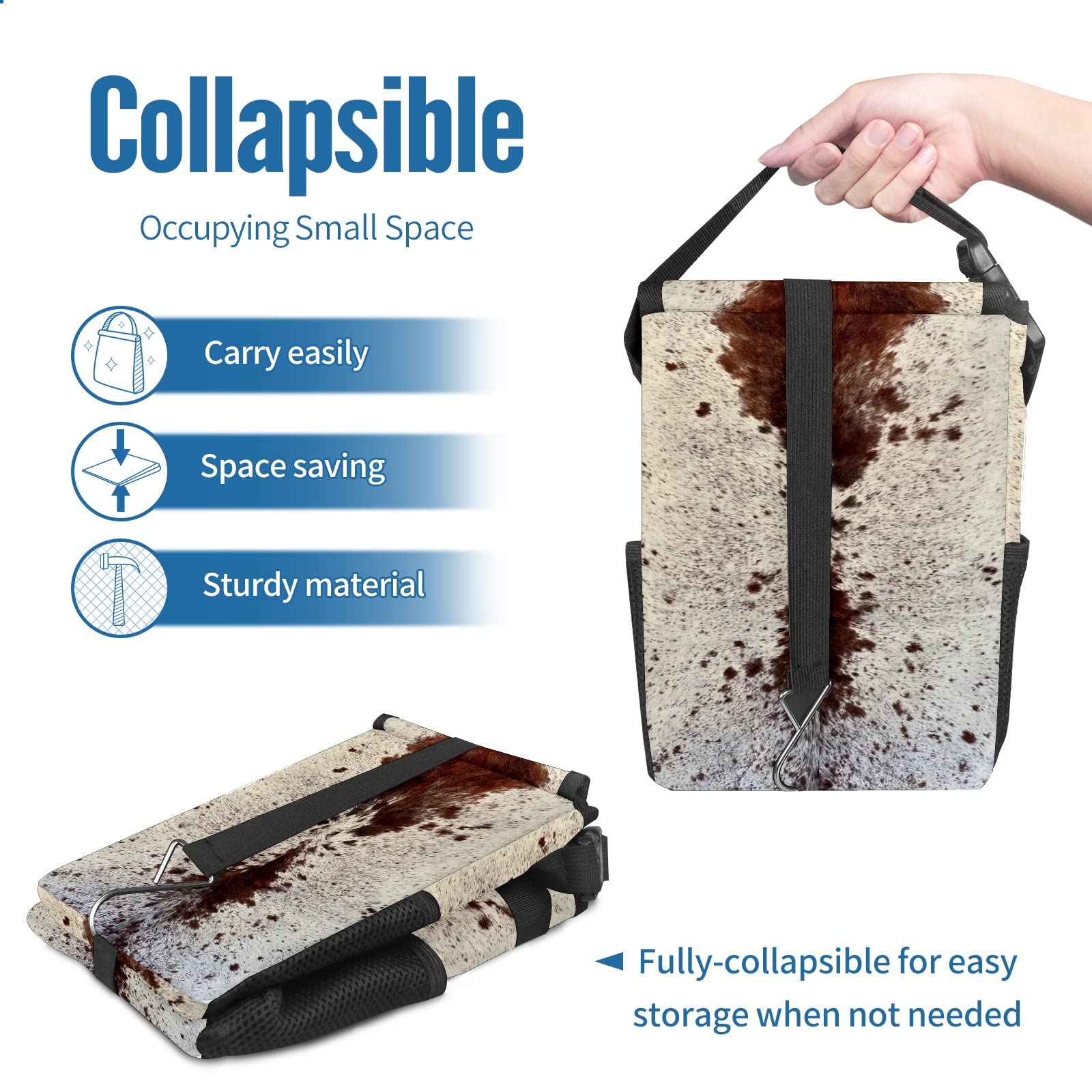 Western Brown Cow Print Car Trash Can with Lid - Collapsible Reusable Waterproof Auto Garbage Bin for Car, Truck & SUV - Perfect for Road Trips, Commuting & Keeping Your Vehicle Clean