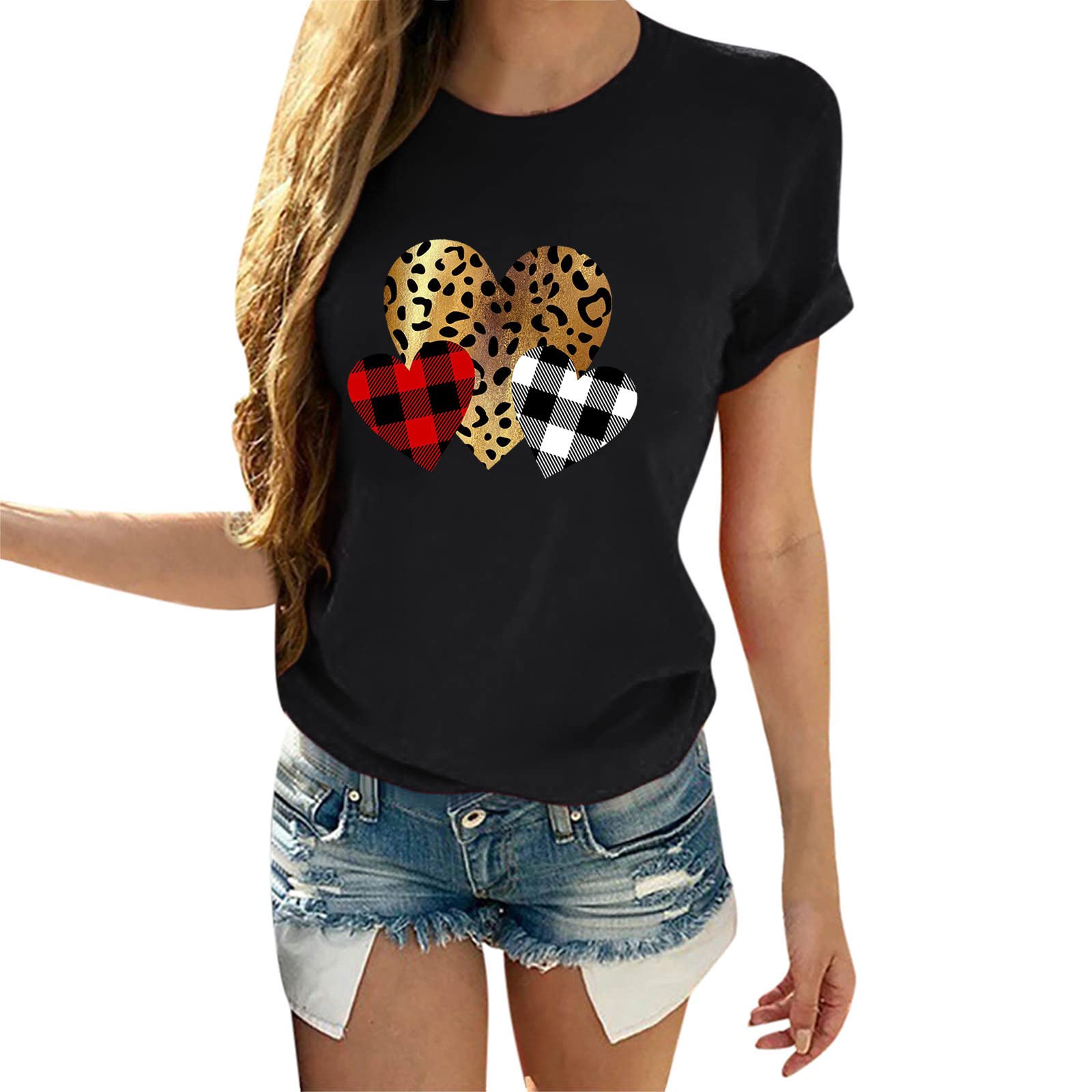 Valentine's Day Women's Heart Print Bleached T-Shirt - Short Sleeve Love Theme Blouse for Girls (White) | Perfect for Date Nights & Romantic Occasions