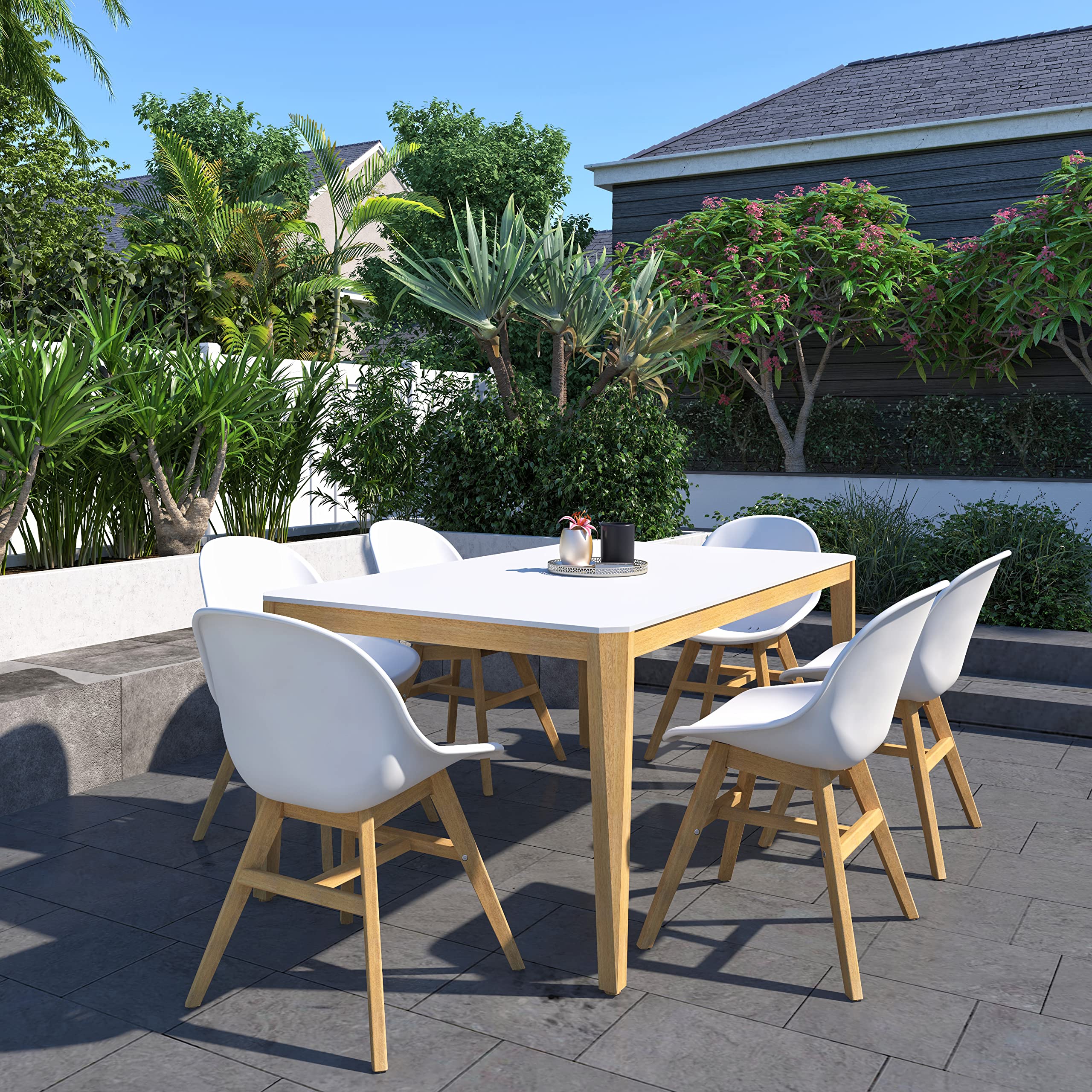 Urban Elements Eugène 7-Piece Outdoor Patio Dining Set - FSC Certified Eucalyptus Wood with Teak Finish - White Rectangular Table & Side Chairs for Backyard, Garden, and Poolside Entertaining