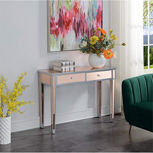 Gold Coast Pink Mirrored Glass Desk with Gray Trim - Modern Home Office & Study Desk for Women & Girls - Perfect for Small Spaces, Bedrooms & Dorm Rooms
