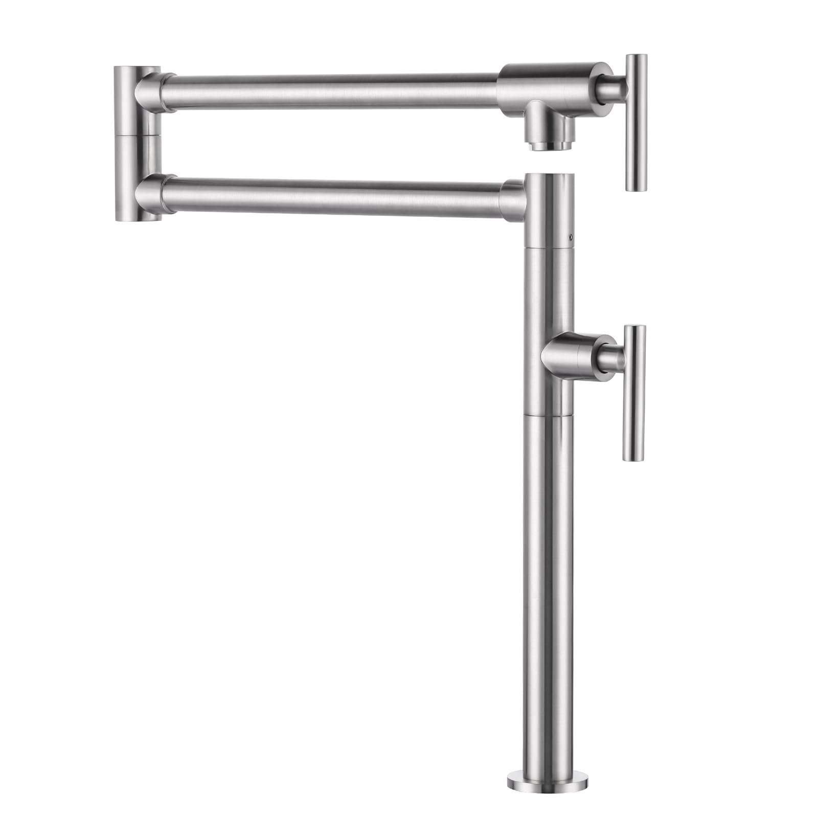 **Brass Deck Mount Pot Filler Faucet for Kitchen Sink - Brushed Nickel Finish, Double Joint Swing Arms - Perfect for Over Stove & High Backsplash Installations**