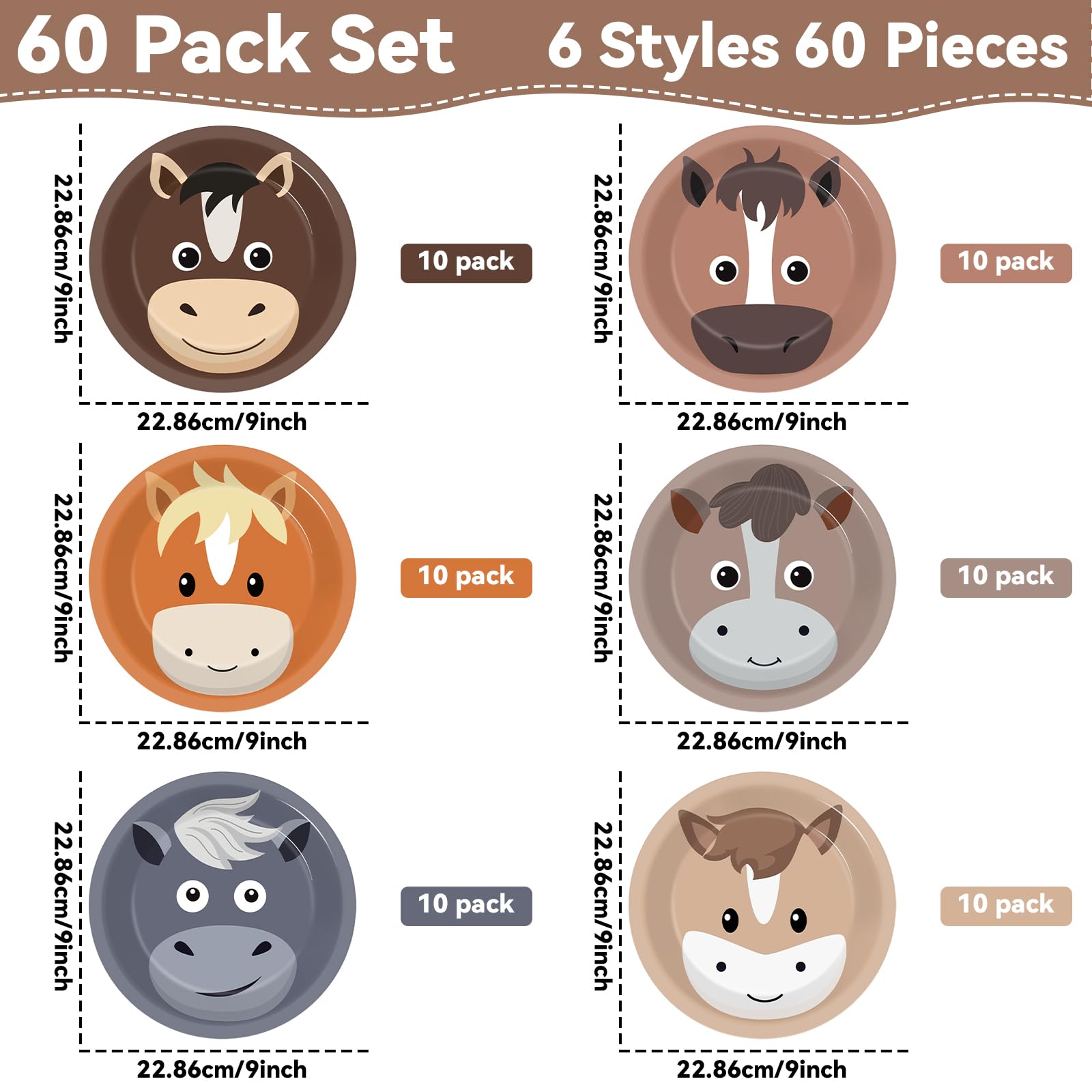 60 Pcs Horse Theme Party Plates - 9 Inch Disposable Cowboy Cowgirl Birthday Party Supplies for Western Derby Day, Farm Animal & Ranch Themed Celebrations - Perfect for Birthday Parties, Baby Showers, and Western Theme Events
