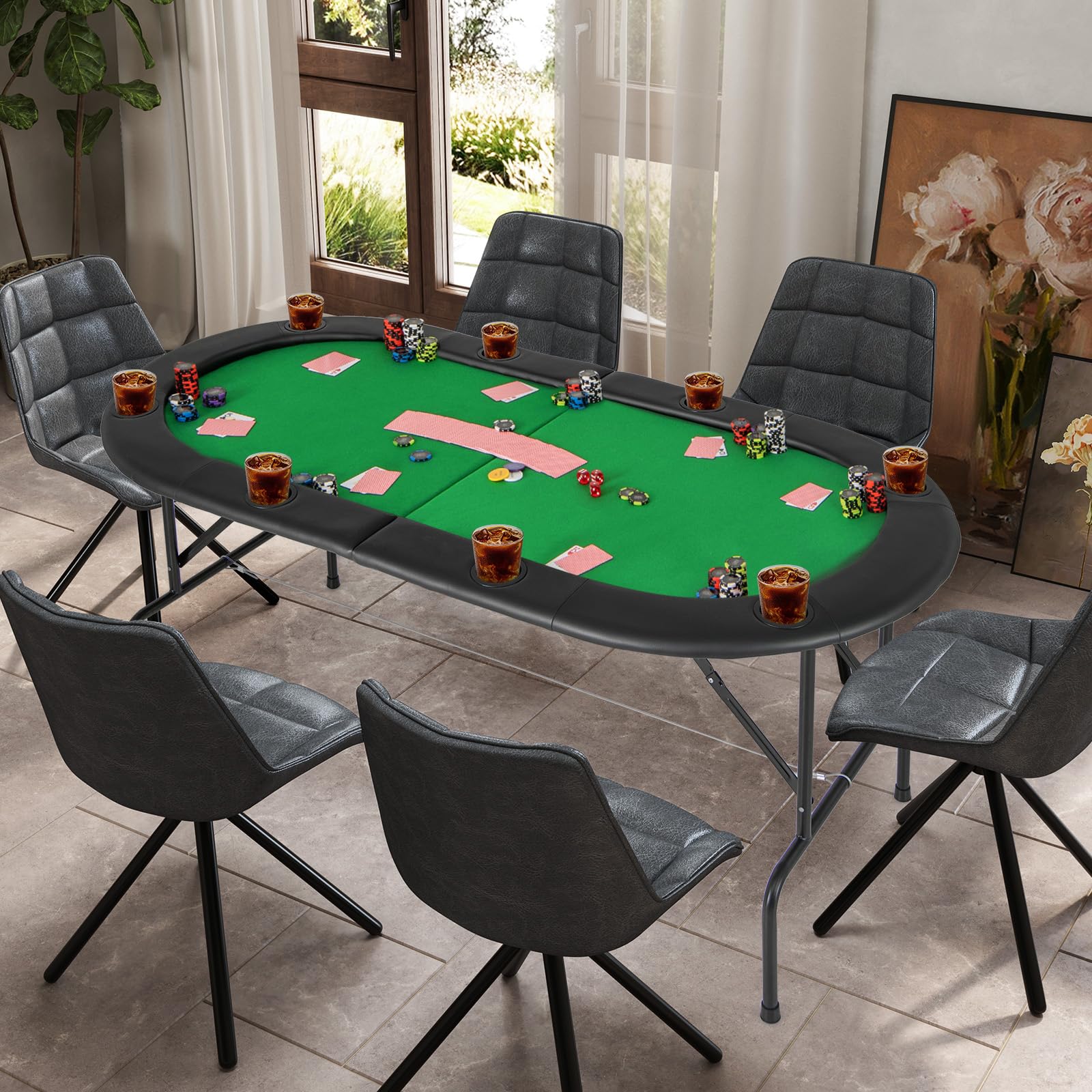 Giantex 8 Player Foldable Poker Table with Cup Holders & Armrests - Casino Grade Felt Portable Card Game Table for Texas Holdem & Blackjack - Perfect for Game Nights, Casino Parties & Home Entertainment