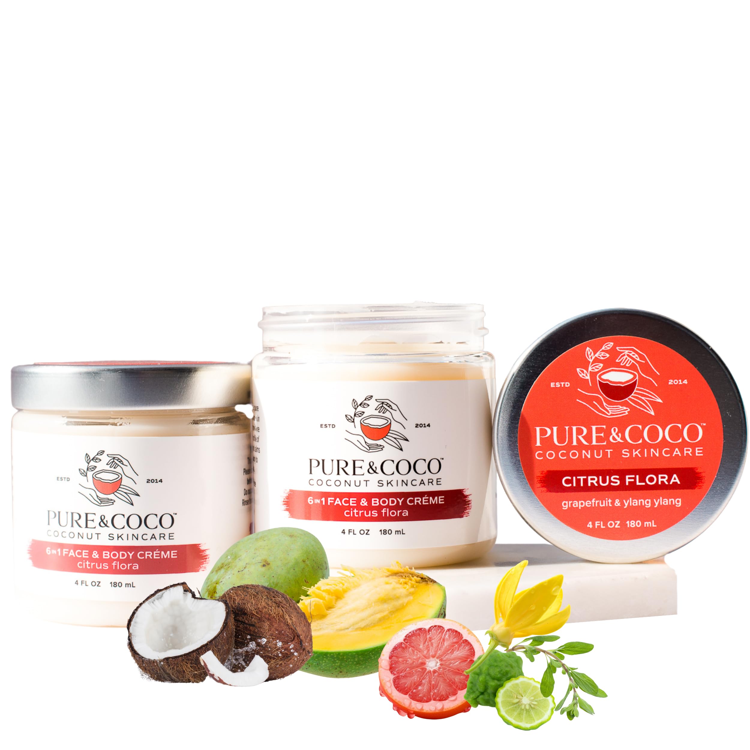 PURE & COCO: Citrus Flora 6-in-1 Face and Body Cream for Dry, Eczema & Anti-Aging Skin | Organic Mango Butter, Virgin Coconut Oil & Vitamin E for Skin Barrier Repair | Hydrating Moisturizer Set of 2 (4 oz Jars) | Perfect for Daily Skincare Routine & Travel Essentials