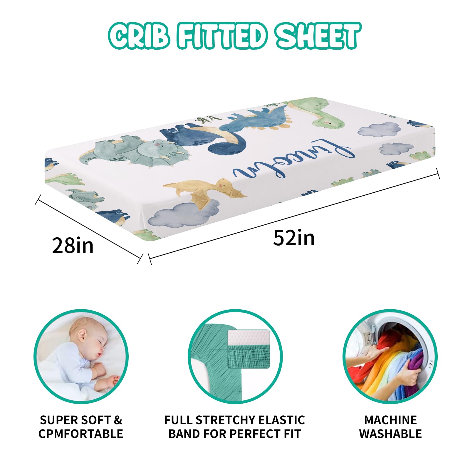 Dinosaur Themed 5-Piece Custom Nursery Crib Bedding Set for Boys - Personalized Name, Double Layer Blanket & Comfortable Crib Sheets (Fixed Size) - Perfect for Baby Showers, Nursery Decor & Toddler Bedding Essentials