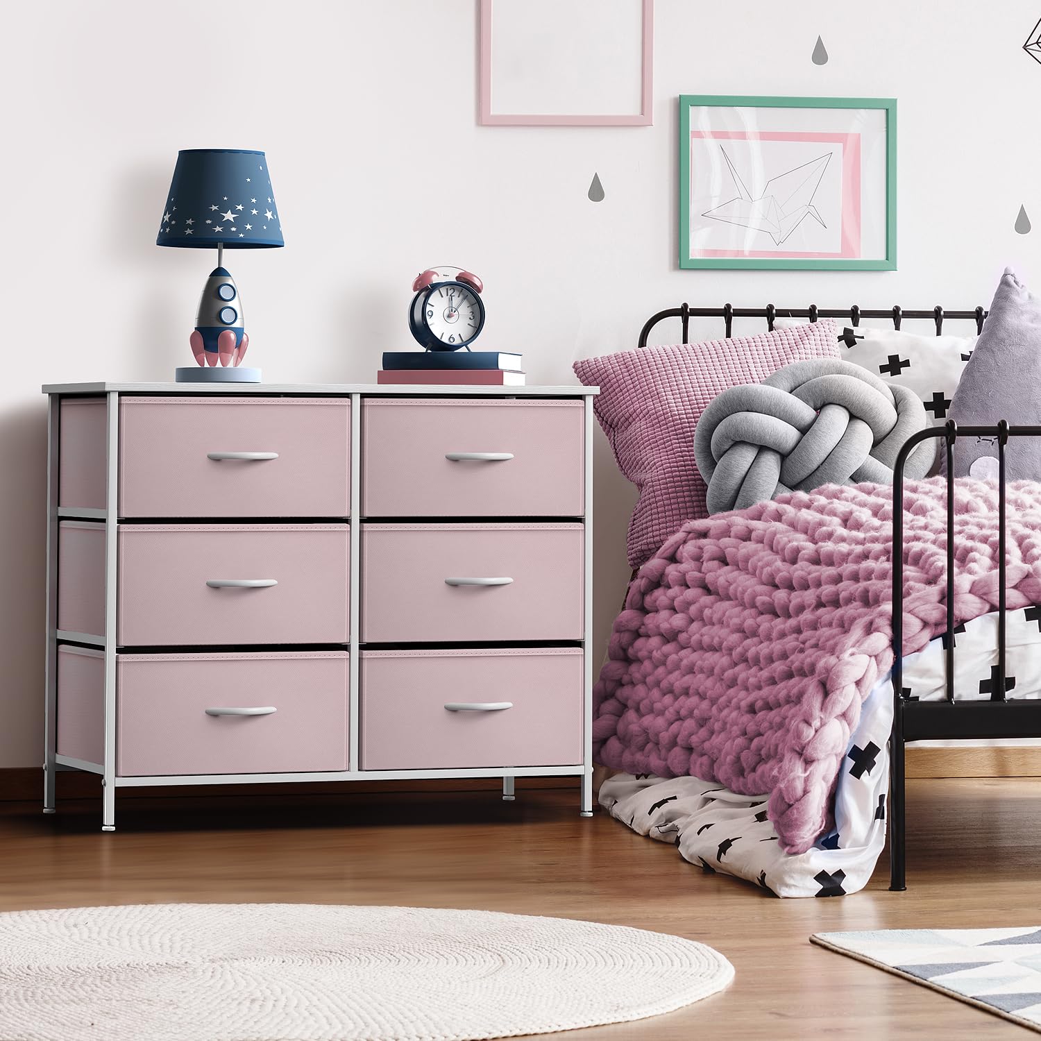 Sorbus 6-Drawer Dresser Storage Tower - Steel Frame & Wood Top Organizer with Easy Pull Fabric Bins for Bedroom, Hallway, Closet & Office - Pastel Pink (Perfect for Small Space Organization & Home Decor)
