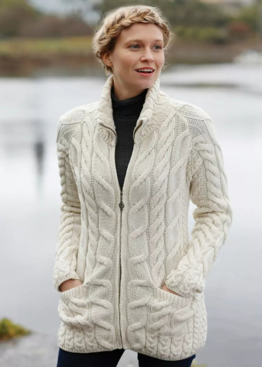 Aran Full Zip Cardigan for Women - 100% Natural Wool Sweater | Cozy Winter Wear for Office, Travel & Casual Outfits