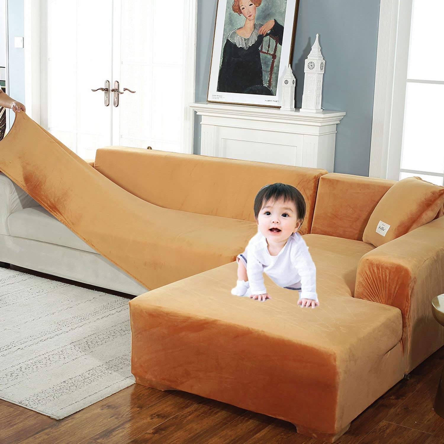 Stretch L-Shaped Sectional Sofa Slipcover - 3+5 Seat Couch Cover for Pets, Kids & Furniture Protection - Orange - Perfect for Living Room, Family Room & Home Theater Use
